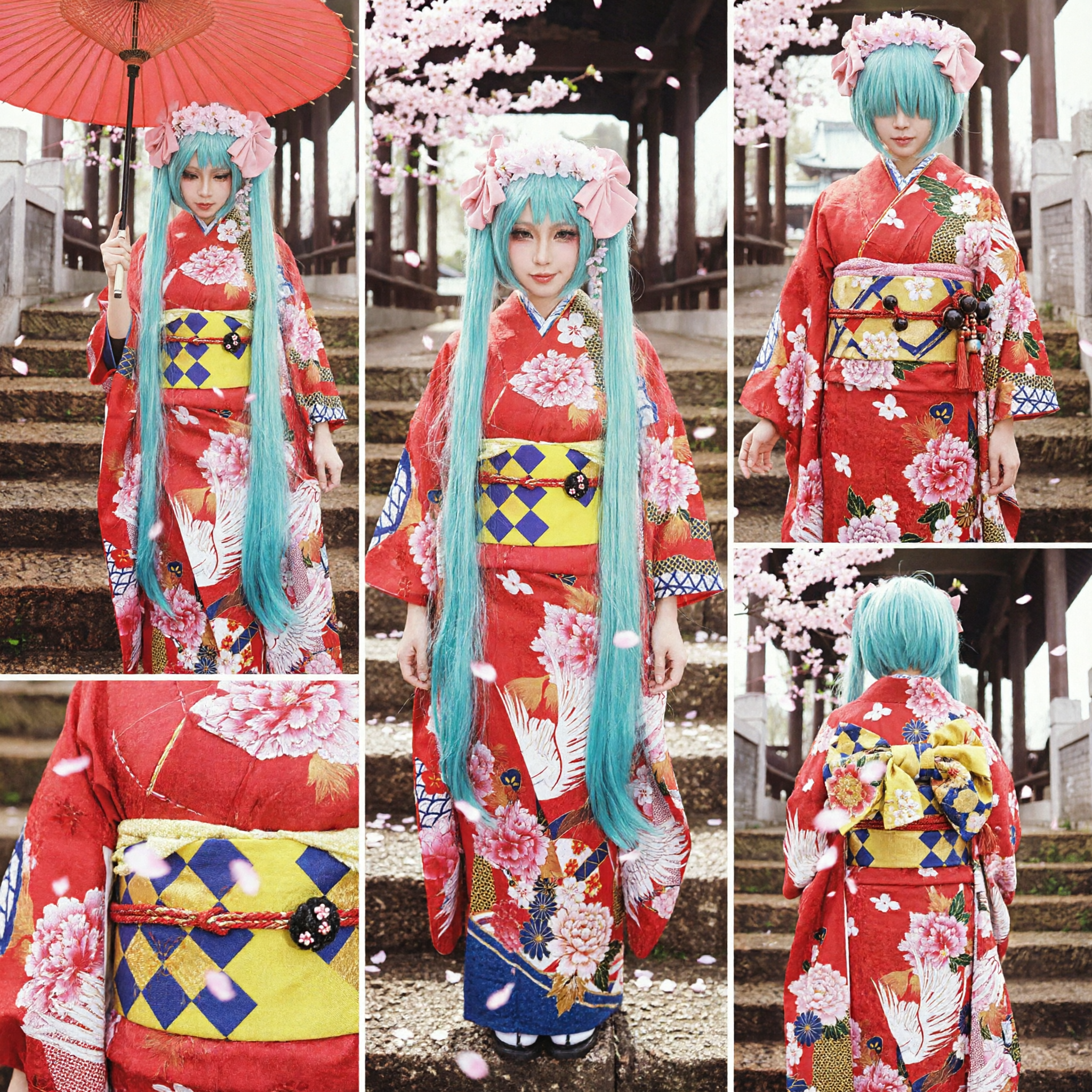 Costume Cosplay Kimono Giapponese Hatsune Miku Vocaloid Abito Floreale Rosso con Parrucca e Ombrello per Eventi Anime - Asian Costume