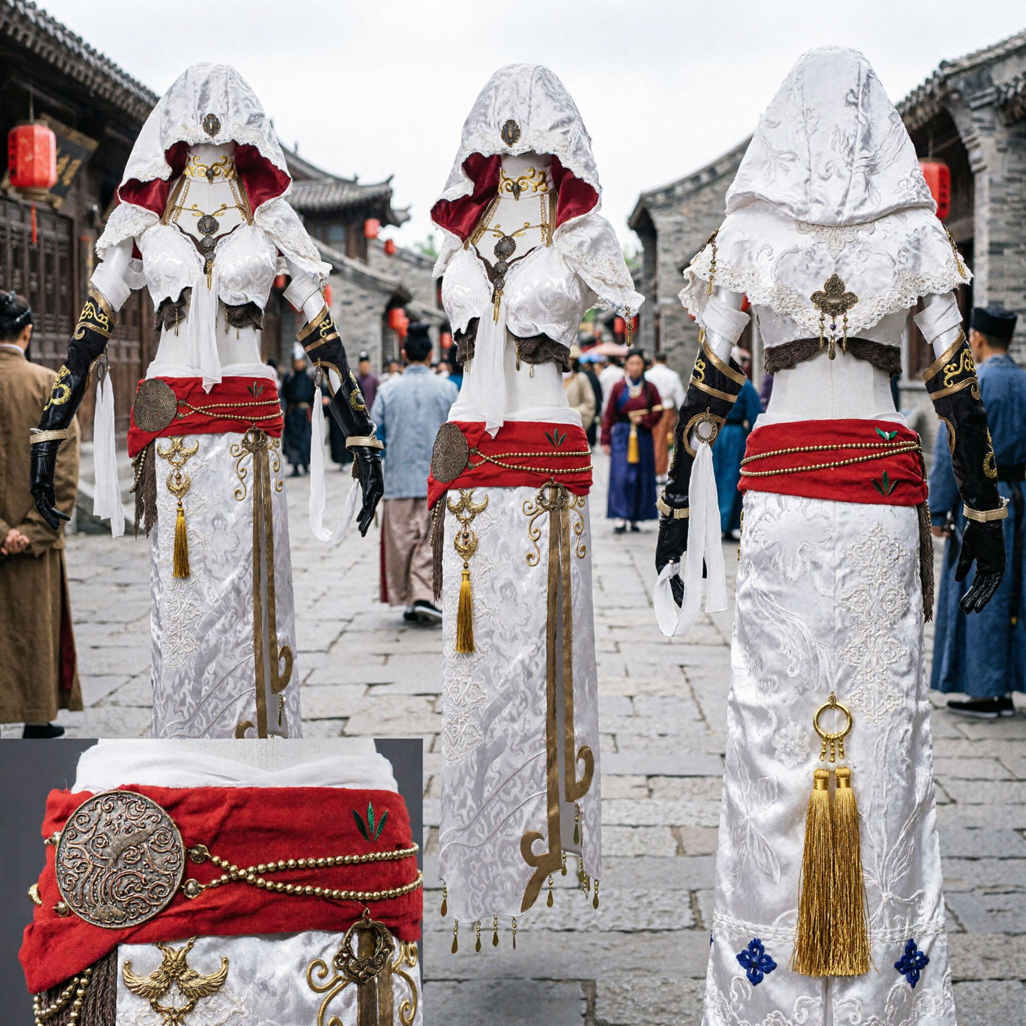 Traje de Assassina com Capuz Branco Cavaleira Árabe Fantasia Conjunto de Cosplay para Mulheres para Halloween e LARP - Asian Costume