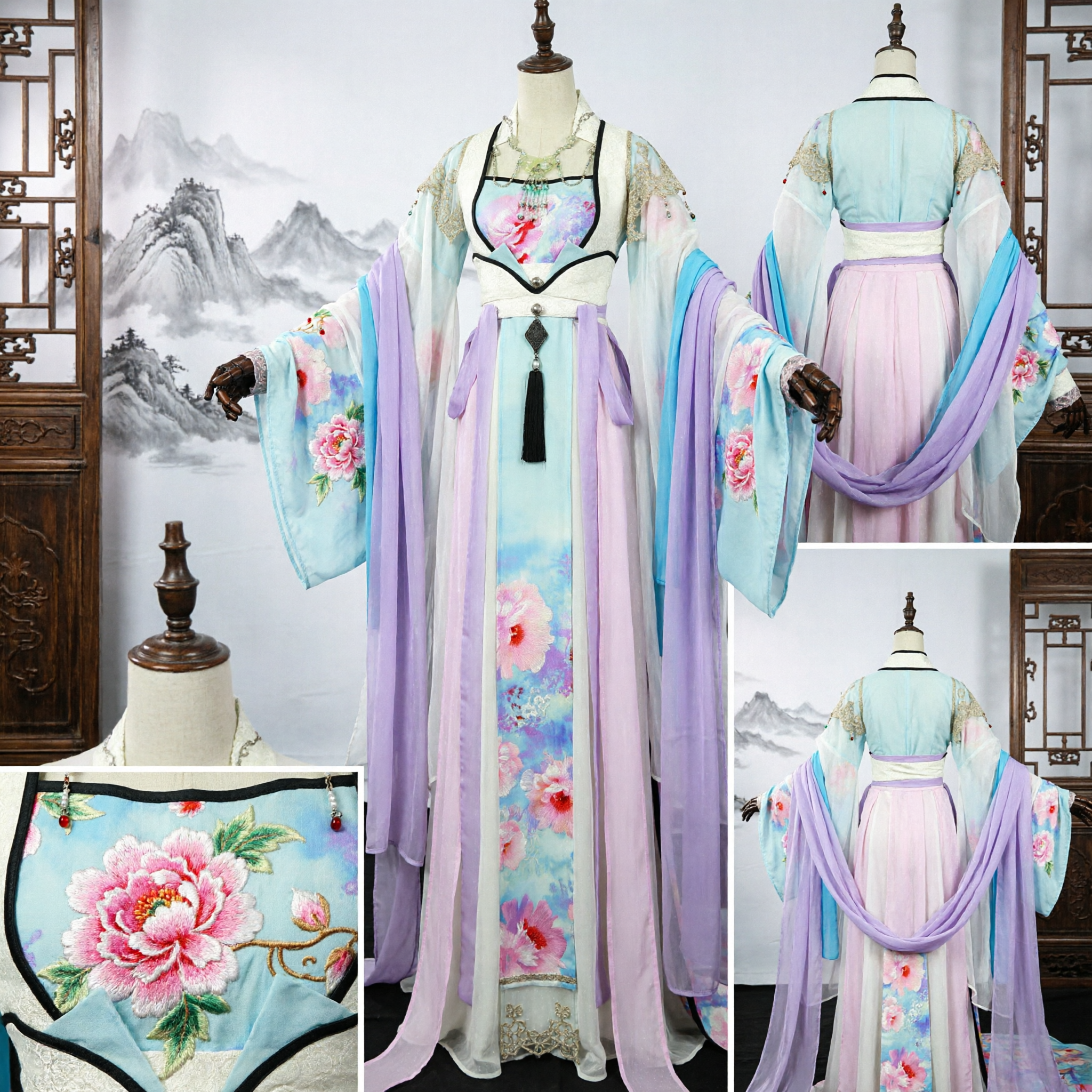 Elegant Ancient Chinese Hanfu Traditional Tang Dynasty Palace Dress Pastel Floral Fairy Costume for Women Cosplay - Asian Costume