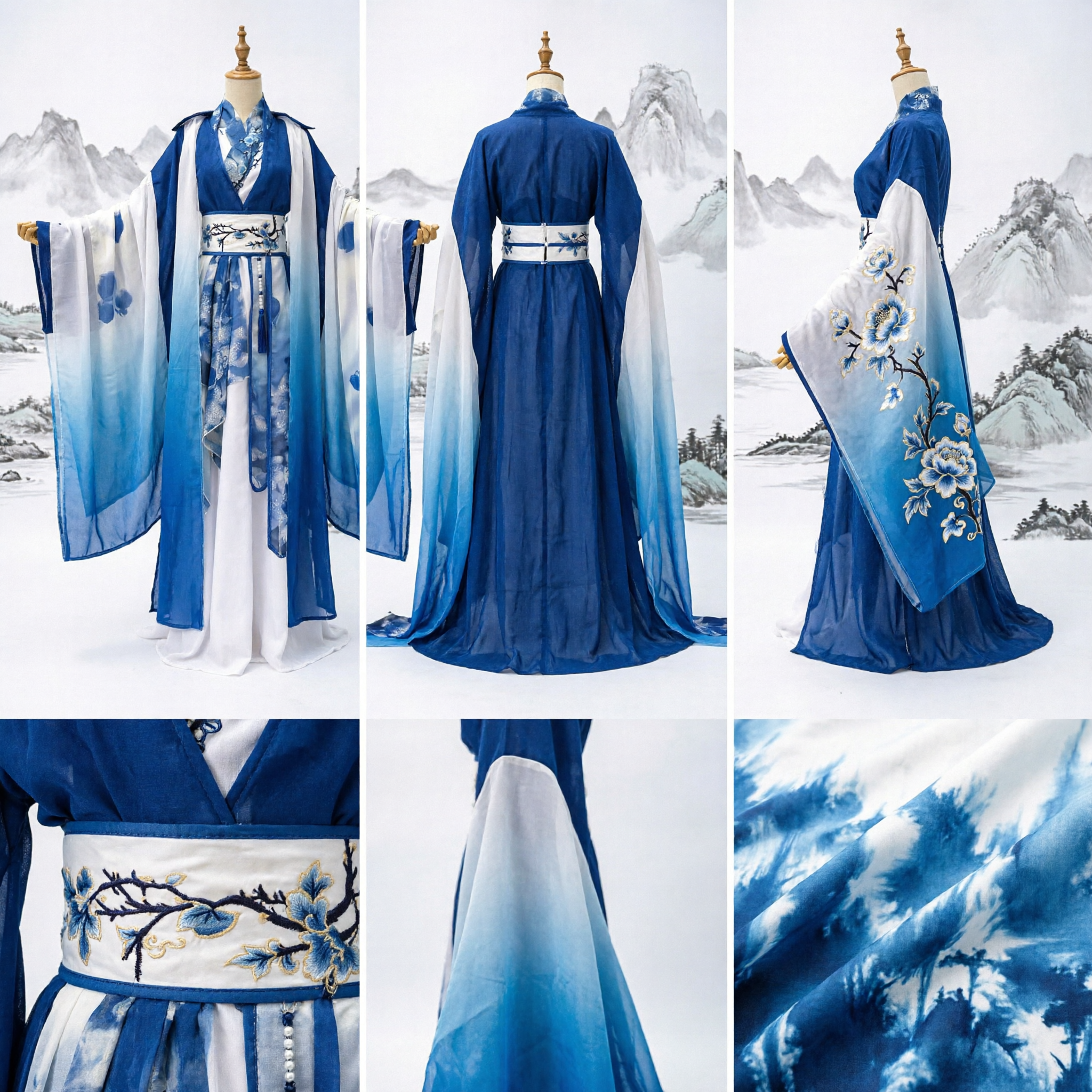 Traje Antigo Tradicional Chinês Hanfu Elegante em Floral Azul e Branco Vestido de Fada para Mulheres Performance - Asian Costume