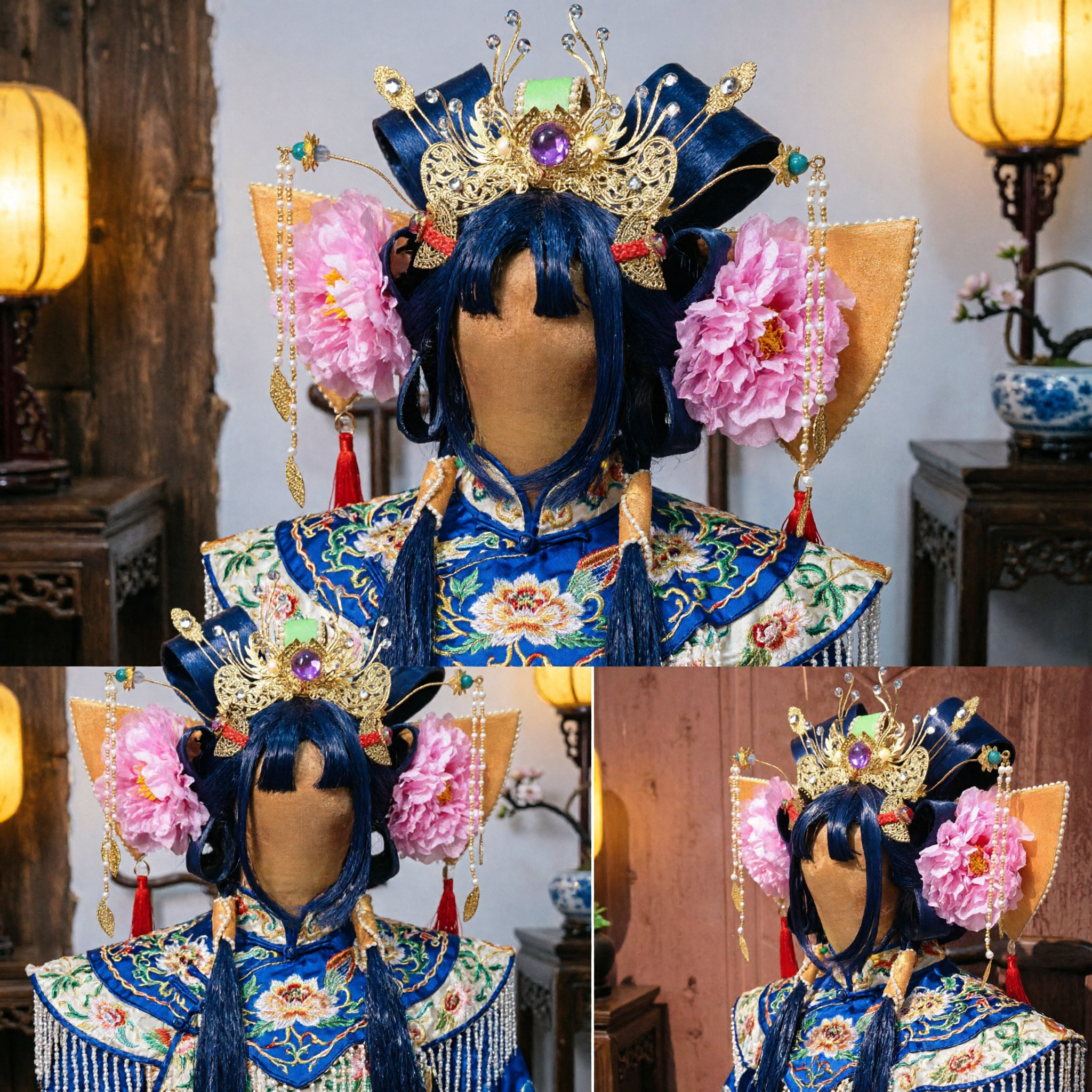 Conjunto de Acessórios de Cabelo para Princesa Antiga Chinesa Tradicional Exquisito com Peruca e Coroa de Ouro para Hanfu Cosplay - Asian Costume