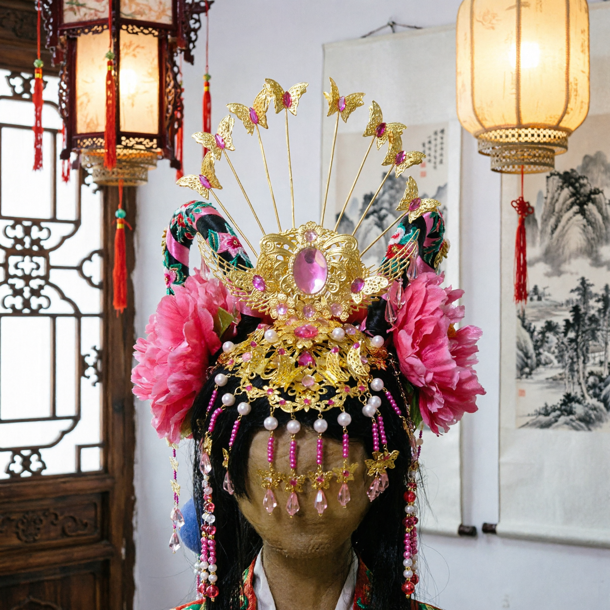 Tocado de Mariposa de la Ópera China Tradicional Corona de Flores Rosas para Actuación de Ópera de Pekín Cosplay Disfraz de Halloween - Asian Costume