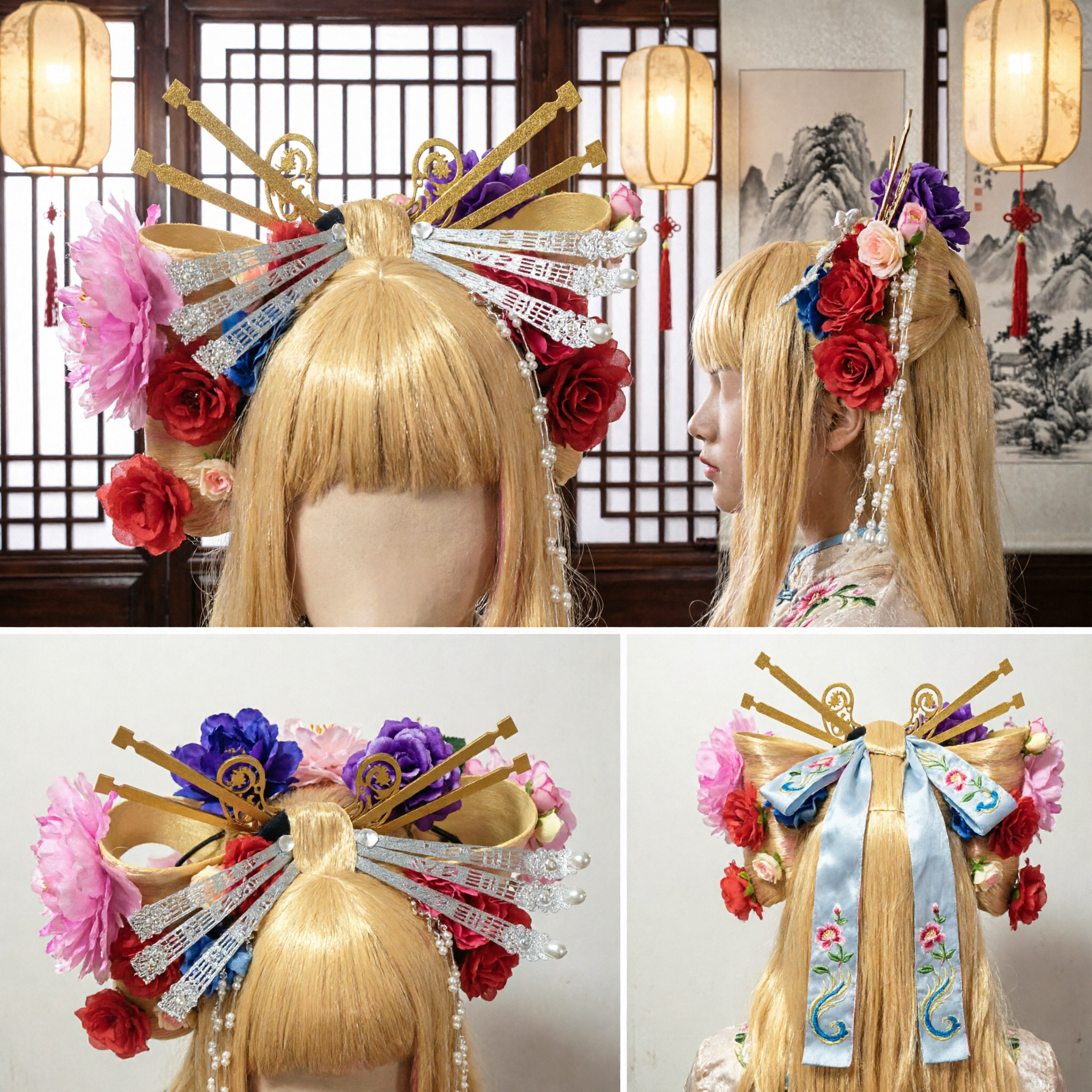 Elaborato Accessorio per Capelli Tradizionale Cinese con Parrucca Bionda, Peonie e Decorazioni d'Oro per Cosplay e Spettacoli sul Palco - Asian Costume