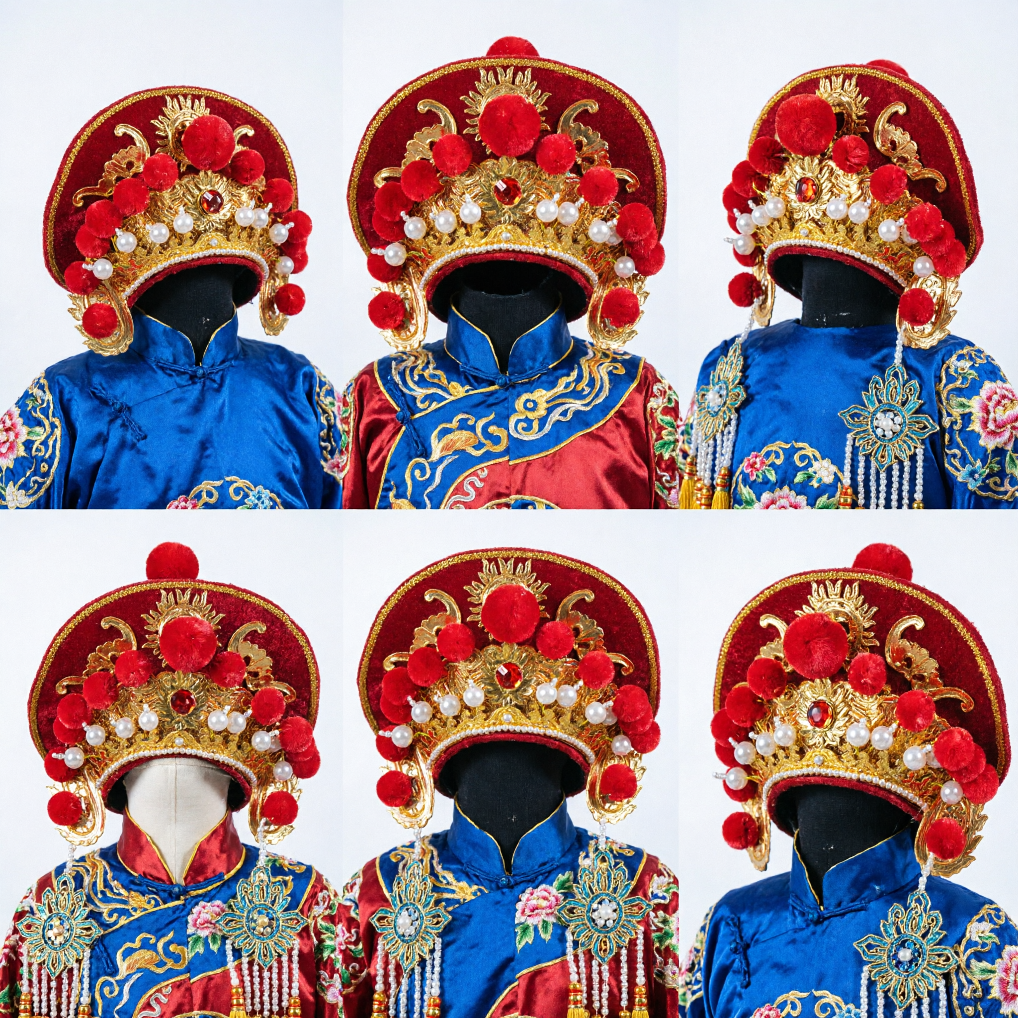 Copricapo tradizionale dell'Opera di Pechino cinese a corona fenice, diadema rosso in velluto oro con pon-pon per donna - Asian Costume