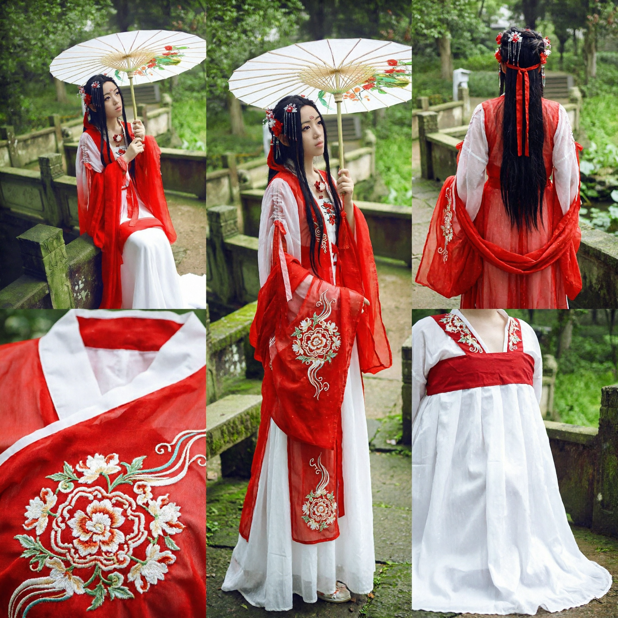 전통 중국 한푸 빨강 고대 선녀 드레스 완전 세트 여성 코스프레 및 공연용 - Asian Costume