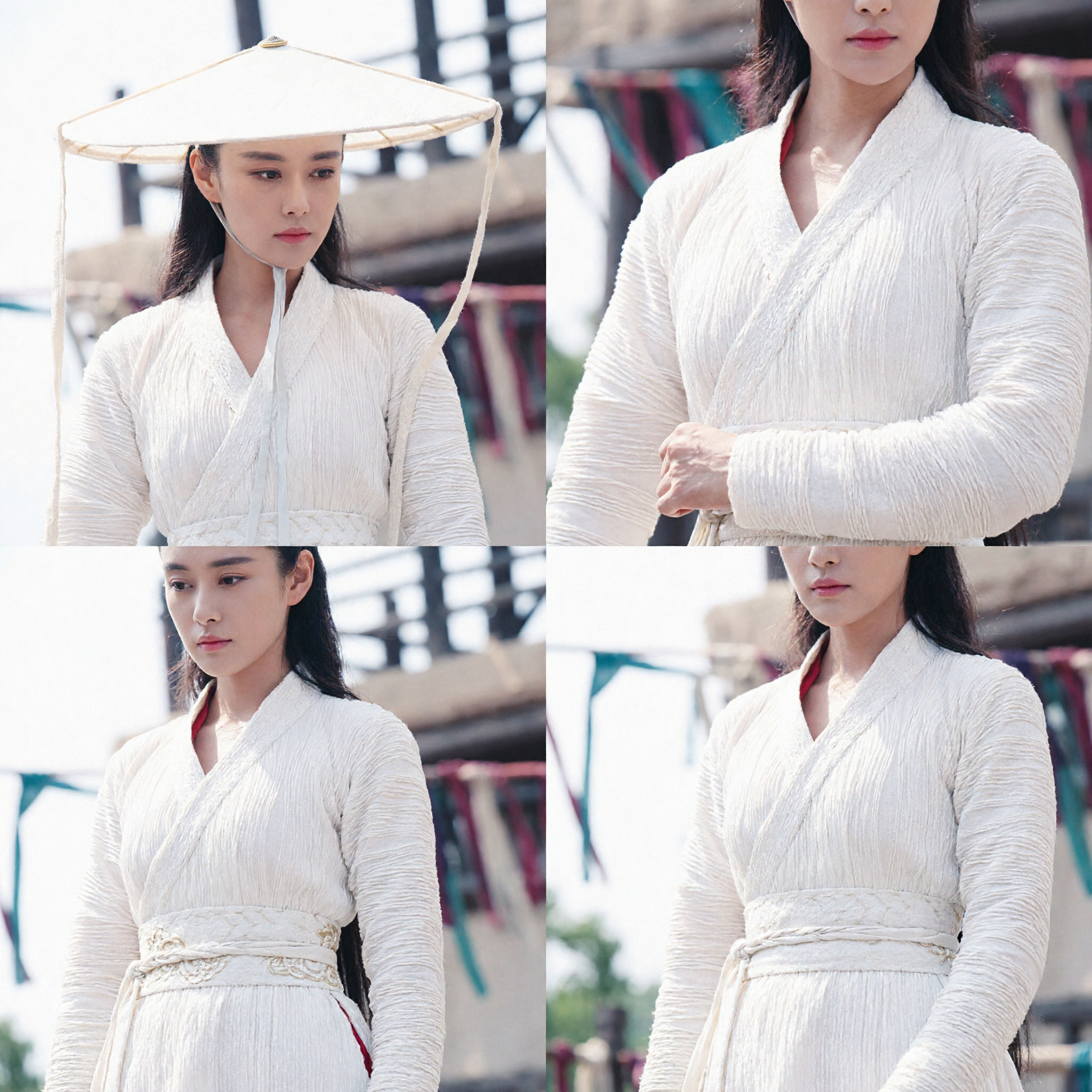 Traje de espadachina Wuxia antigua china, conjunto de bata Hanfu blanca con sombrero de bambú para mujeres para cosplay y actuación - Asian Costume