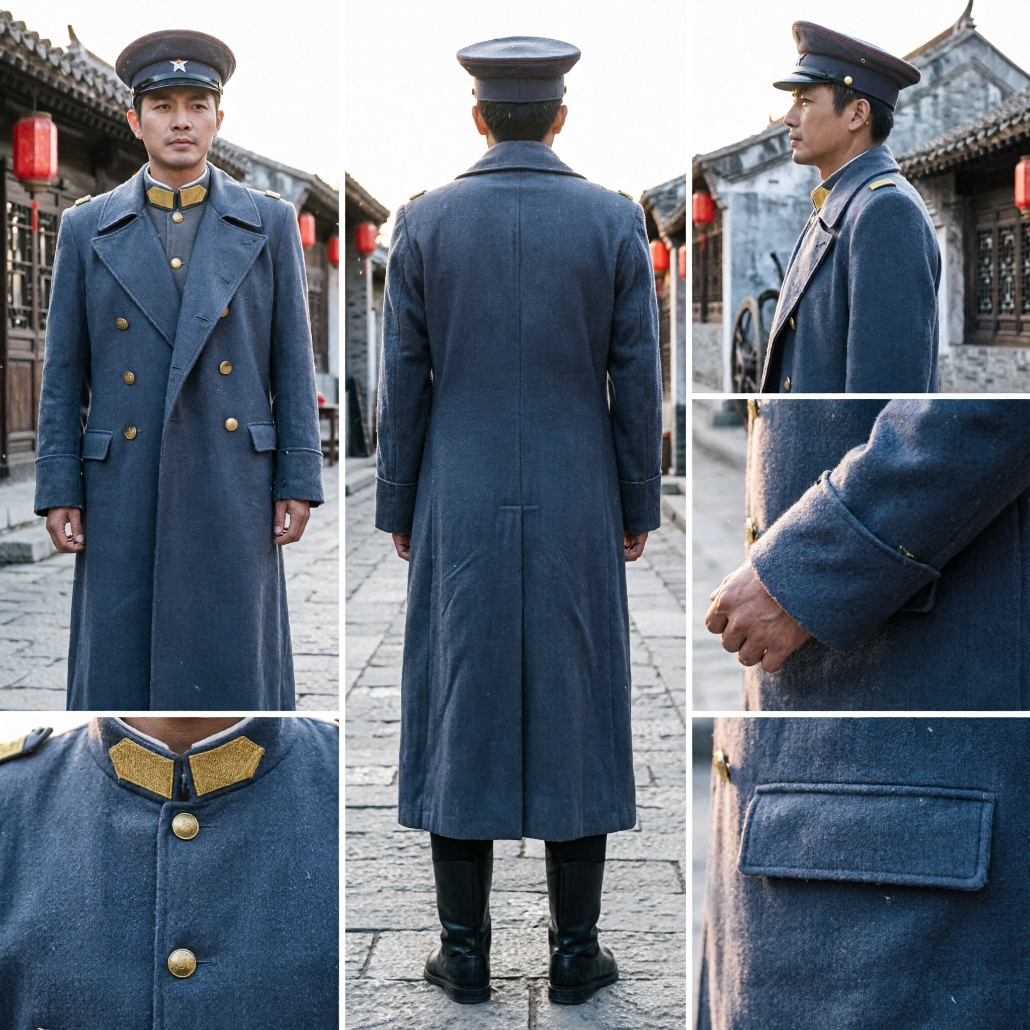 Mens Republic of China Military Officer Uniform Costume Set Double Breasted Coat and Cap for Cosplay - Asian Costume