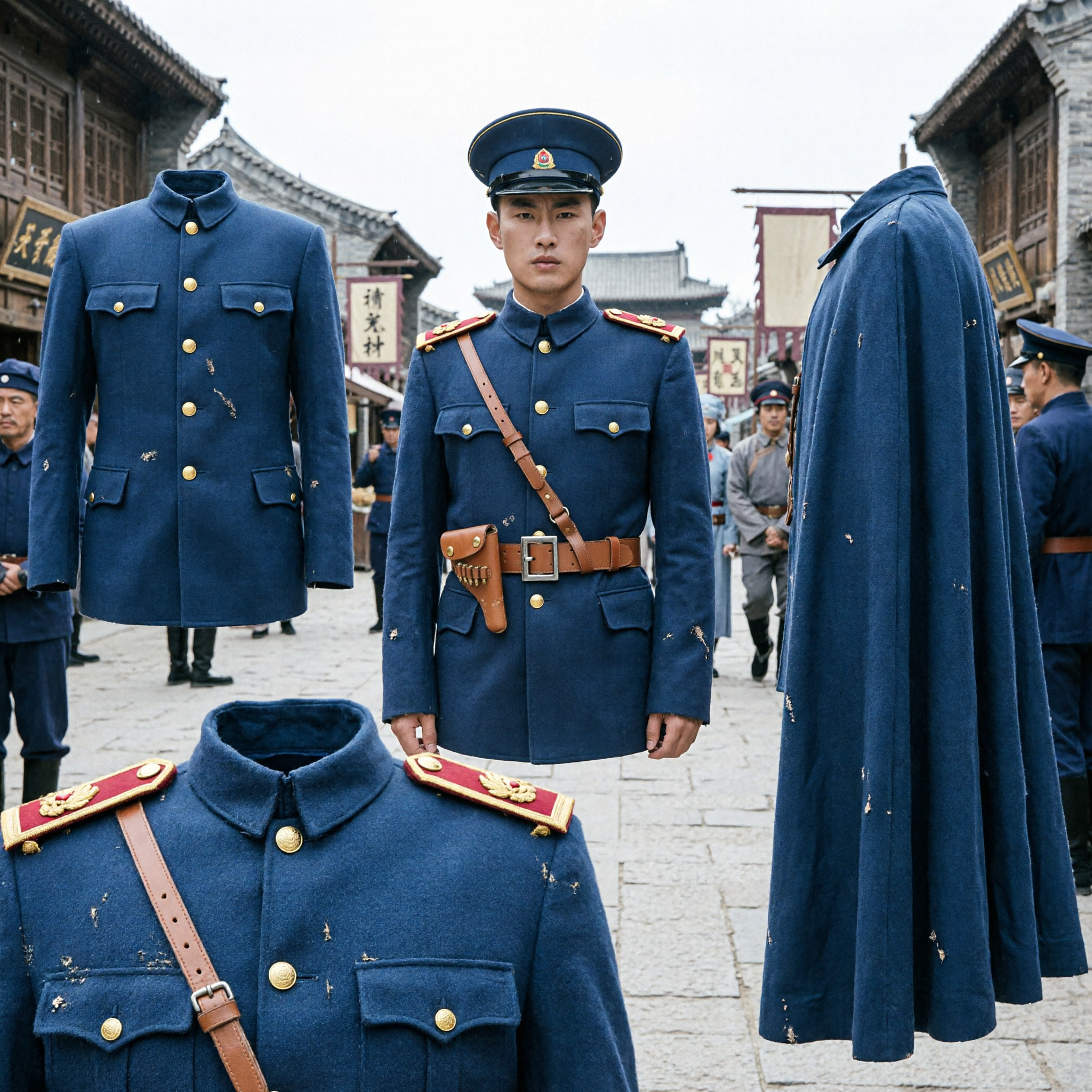 Mannen Chinese Republikeinse tijdperk krijgsheer militair uniform kostuum complete set met blauwe cape en pet - Asian Costume