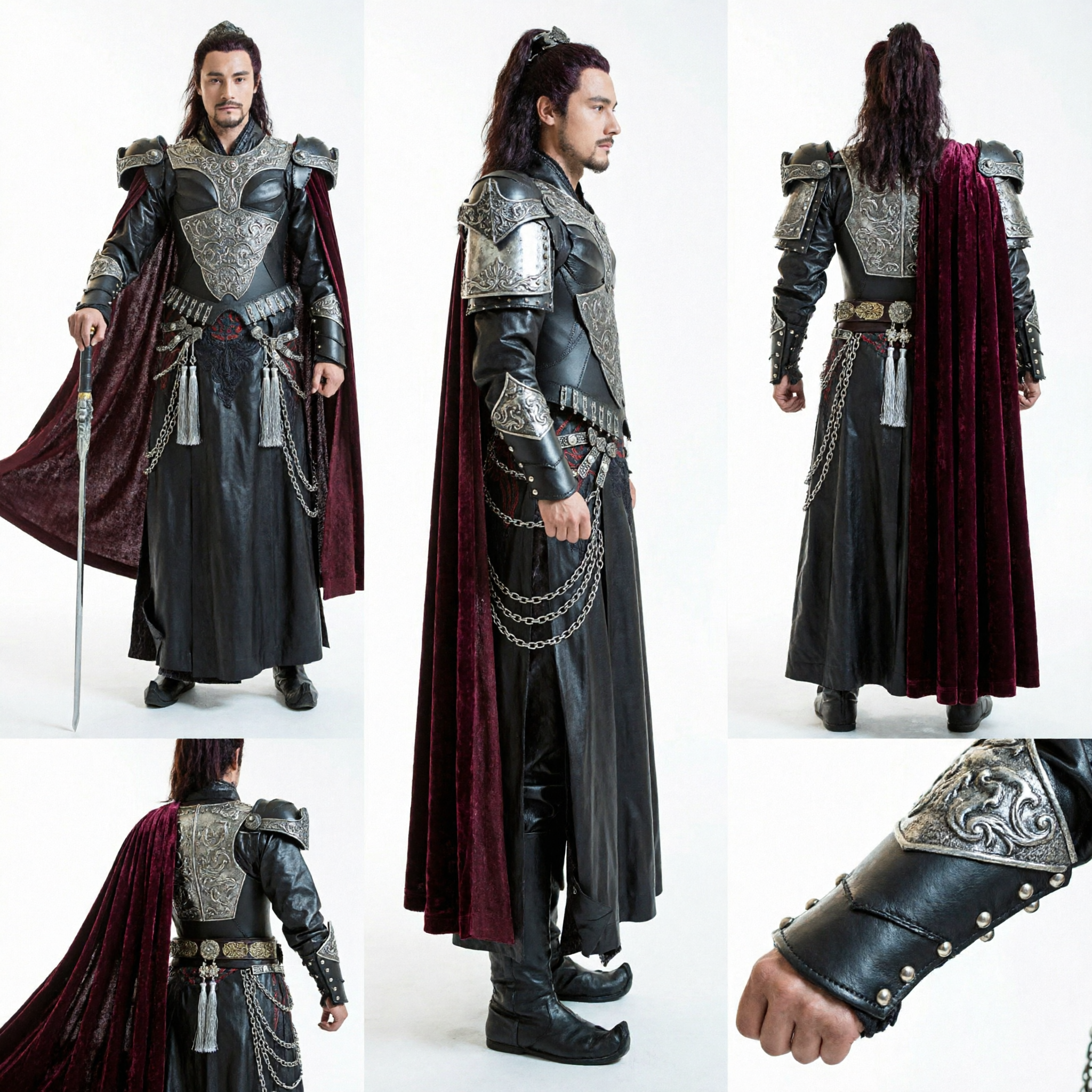 Antikes chinesisches Krieger-General-Kostüm für Männer – schwarze Rüstungsrobe mit rotem Umhang für Cosplay und Auftritte - Asian Costume