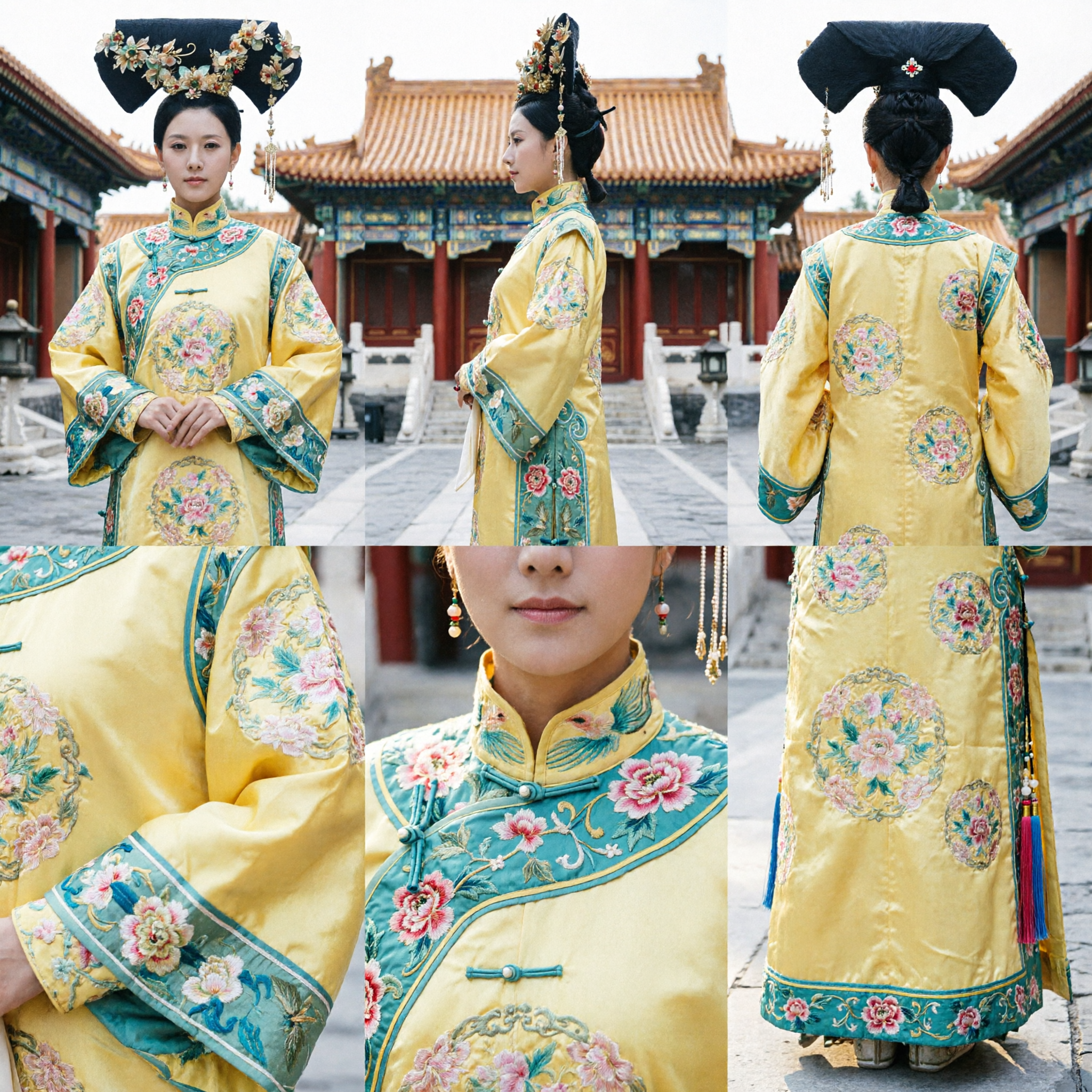 Traje Tradicional Chino de Dama del Palacio de la Dinastía Qing, Túnica Amarilla Bordada con Tocado Floral para Cosplay de Mujeres - Asian Costume
