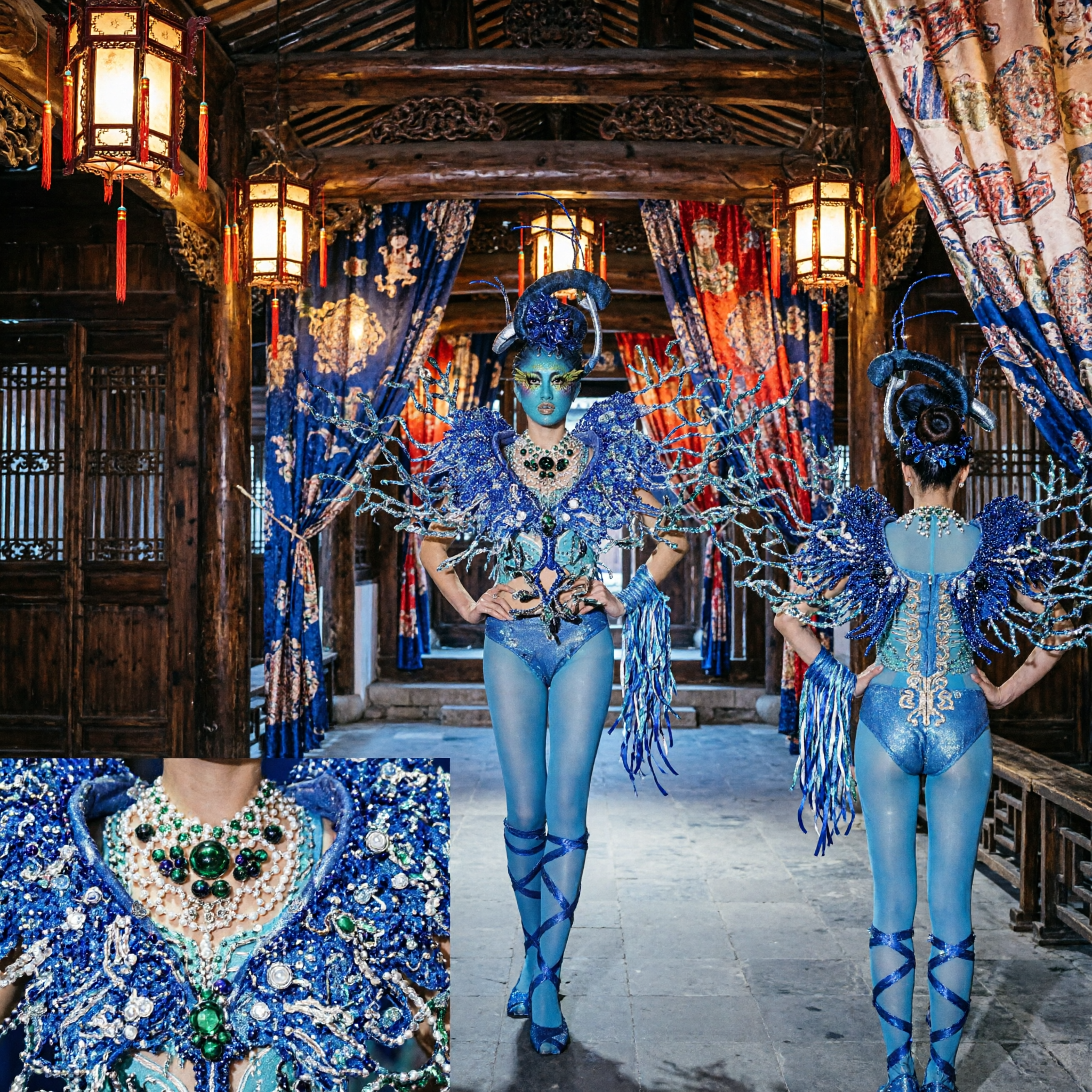 Женский синий карнавальный костюм с пайетками, головной убор с перьями и кристальными крыльями для сценических танцевальных выступлений - Asian Costume