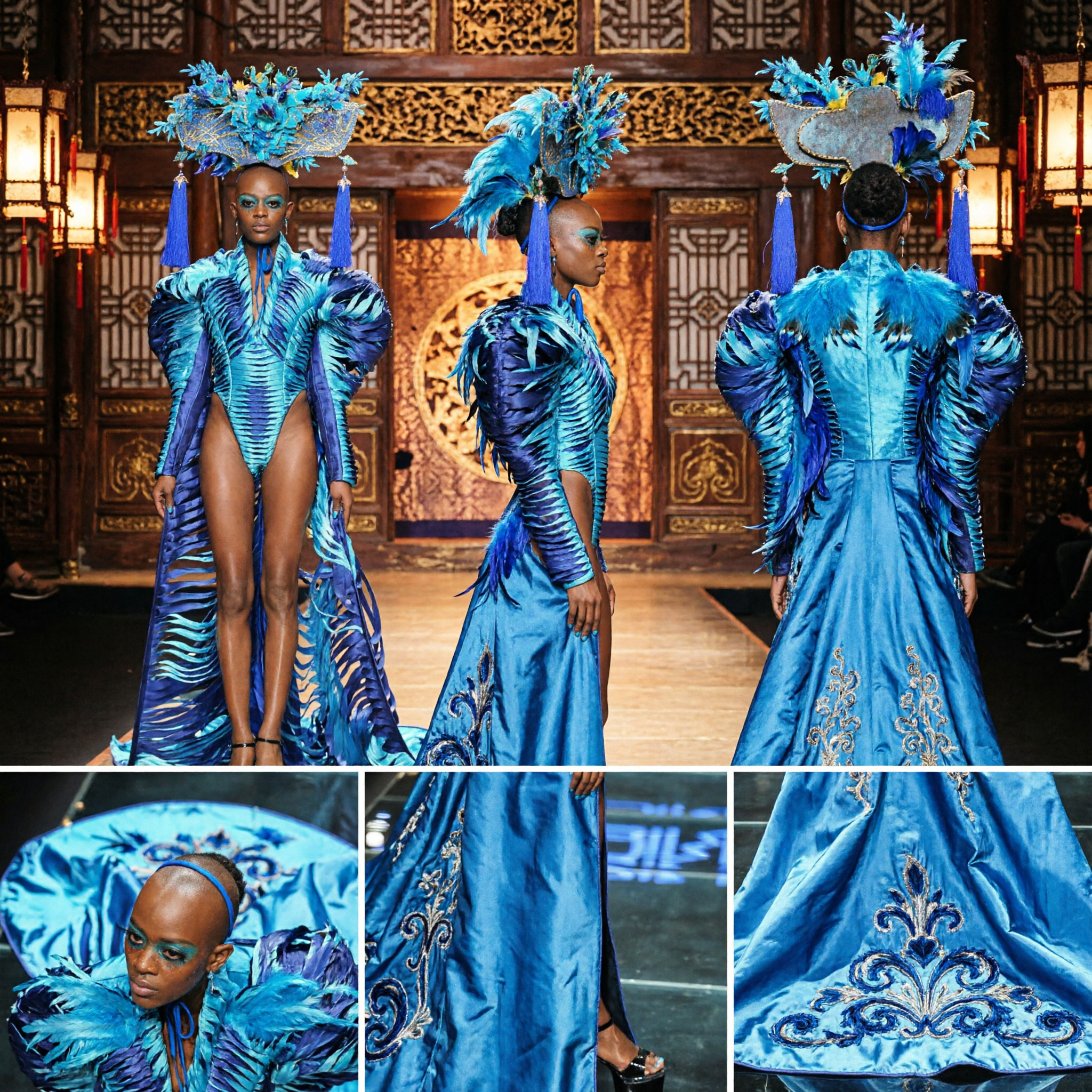 우아한 레드 새틴 치파오 웨딩 드레스 (금색 봉황 망토 및 관冕 포함) 전통 중국 신부용 - Asian Costume