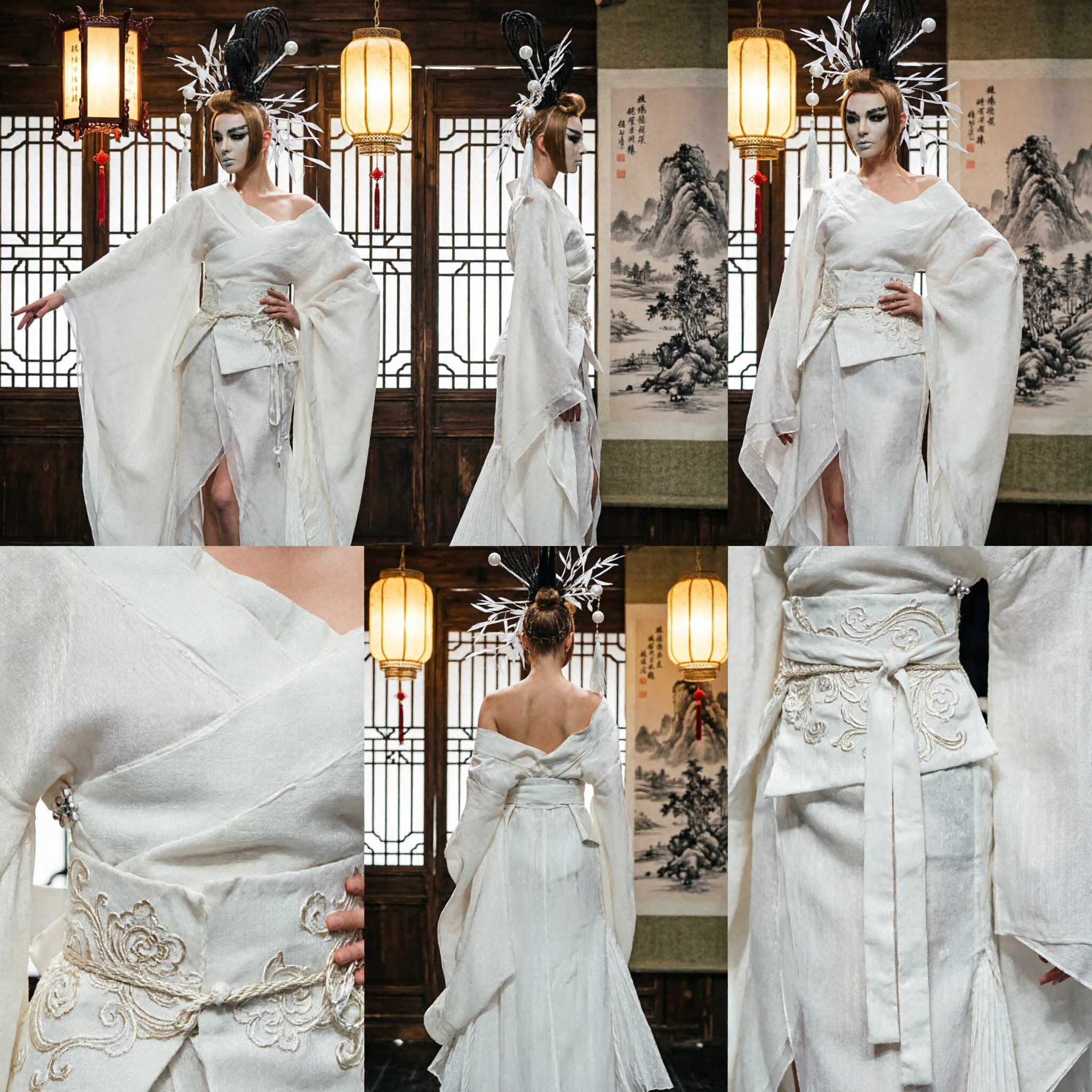 럭셔리 실버 샤인 중국 웨딩 드레스 (금색 자수 망토 포함) 브라이덜 토스트 및 갈라용 - Asian Costume