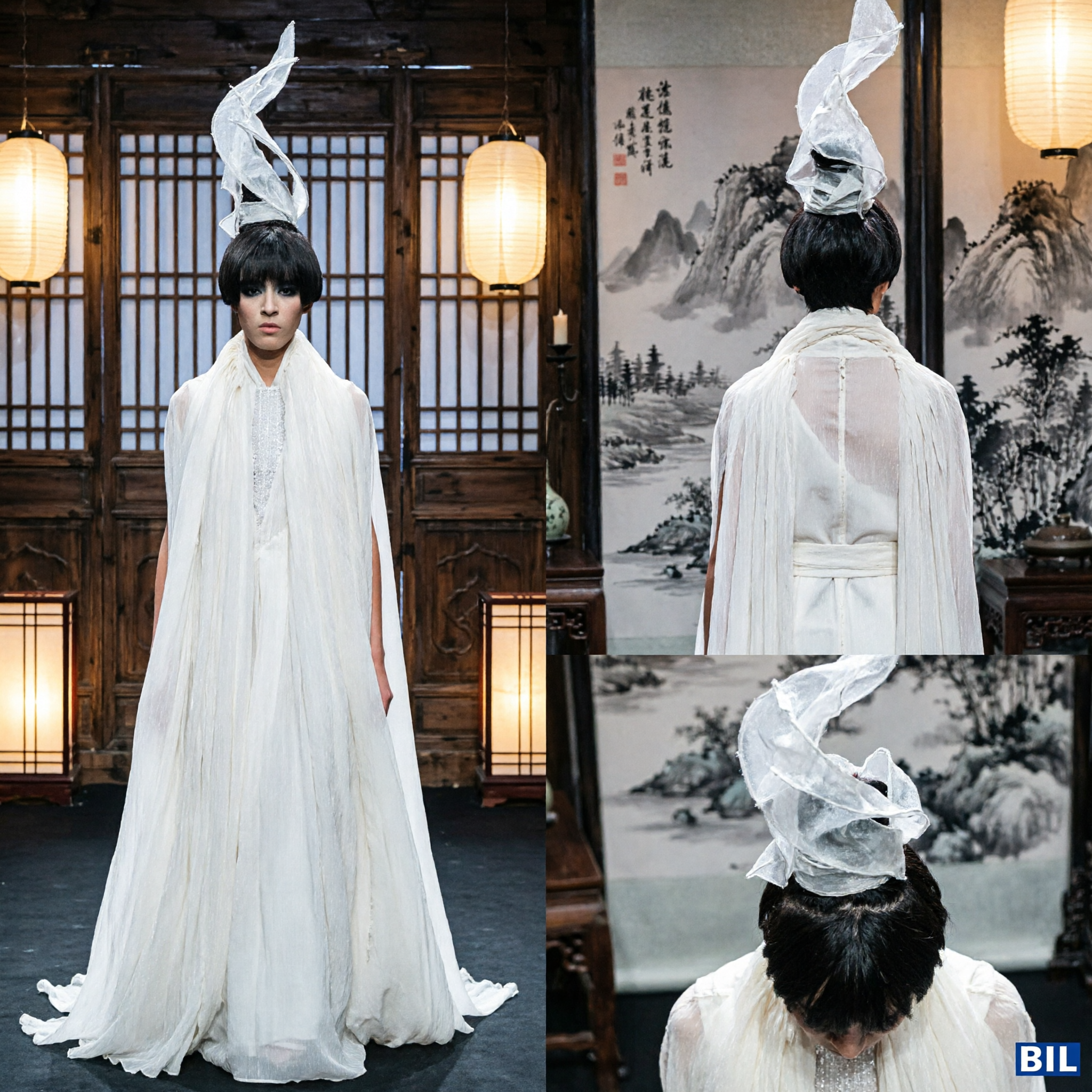 Witte Off-Shoulder Zeemeermin Bruidsjurk met Gouden Feniks Borduurwerk en Gerimpelde Mouwen voor Elegante Bruiden - Asian Costume