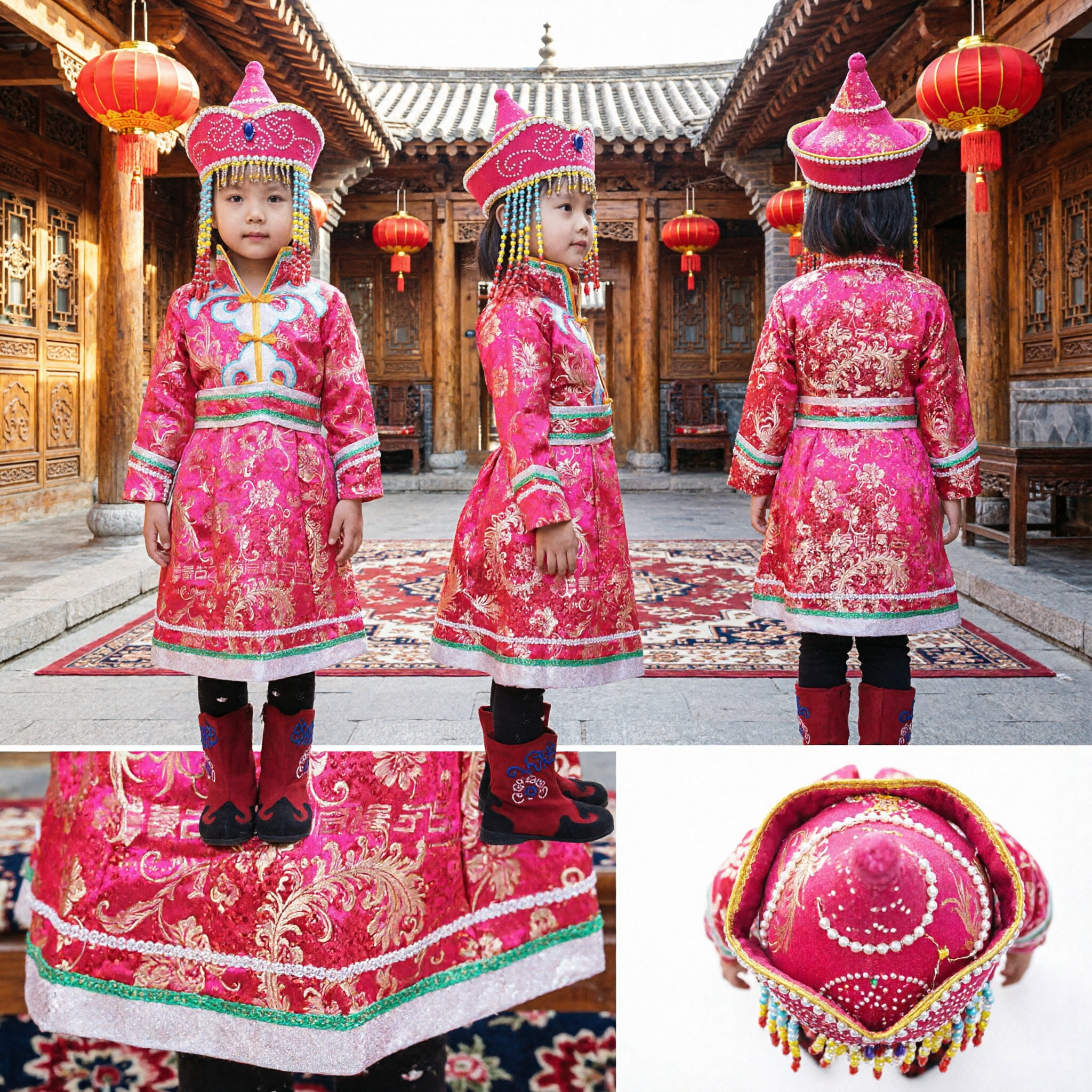 Girls Pink Mongolian Traditional Dance Costume Kids Ethnic Robe with Hat and Boots for Stage Performance - Asian Costume