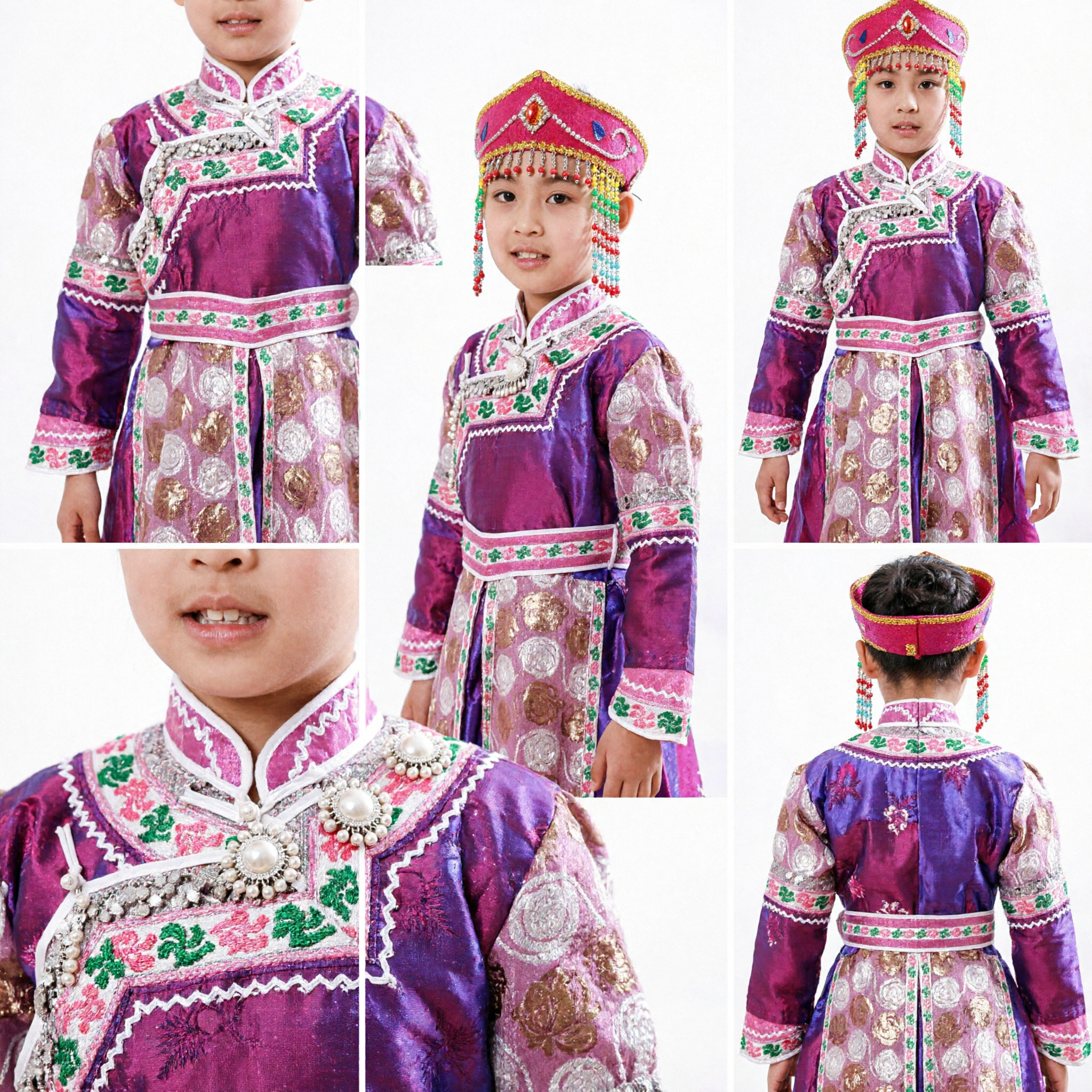 Chinesisches traditionelles mongolisches Tanzkostüm für Kinder Mädchen Lila ethnische Minderheit Auftrittskleid mit Hut - Asian Costume