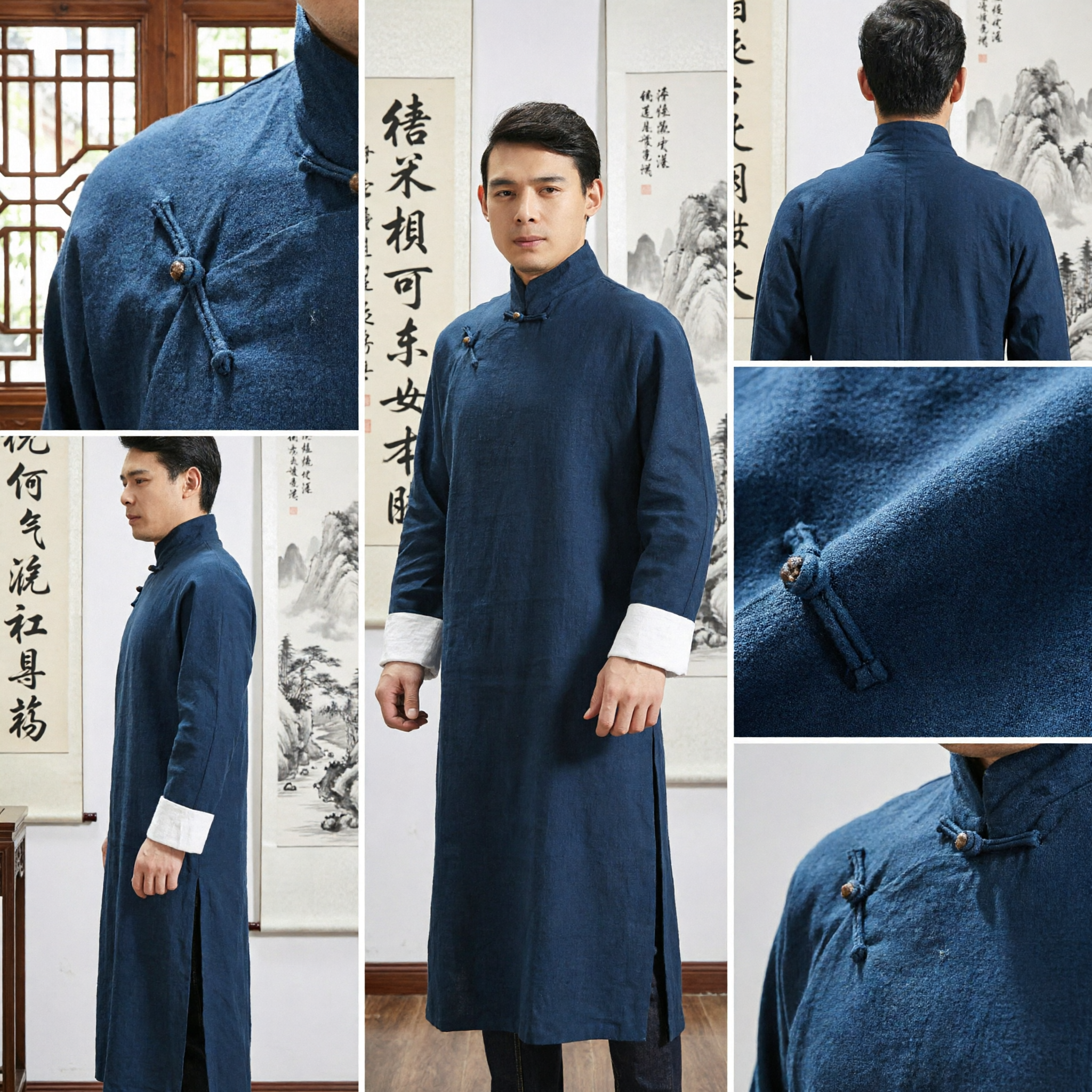 Mannen Traditionele Chinese Changshan Lange Mantel Blauw Linnen Tang Pak Kung Fu Uniform Mandarijnkraag voor Theeceremonie - Asian Costume