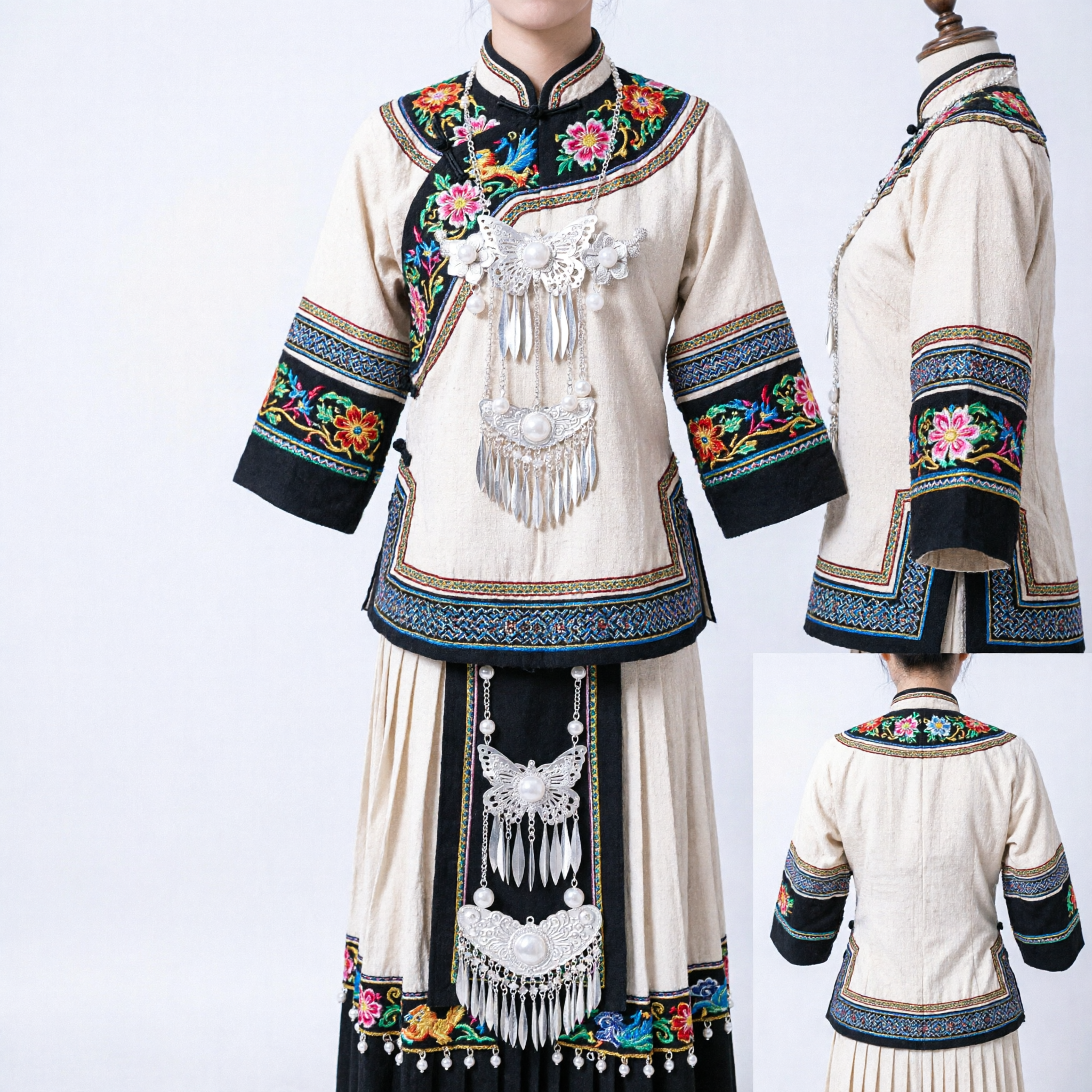 Fermaglio Capelli Farfalla Argento Tradizionale Cinese Elegante con Accenti Floreali e Catene Pendenti per Donne Hanfu - Asian Costume