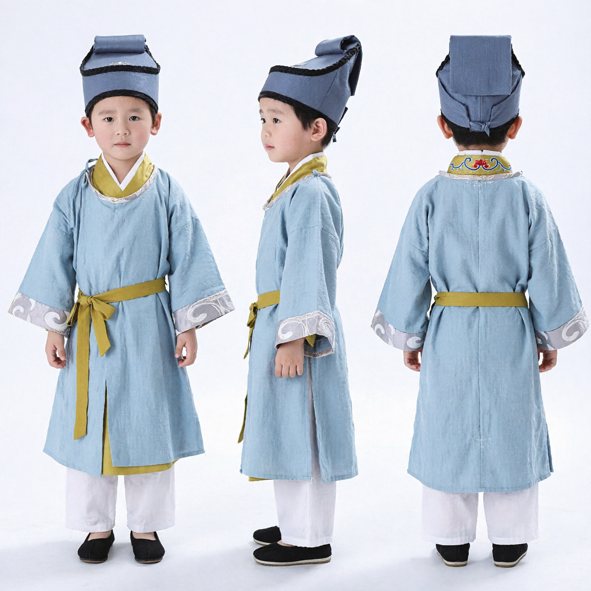 Traditionelles chinesisches Gelehrten-Hanfu-Kostüm für Kinder, Jungen, antiker blauer Robe mit Hut für Auftritte - Asian Costume