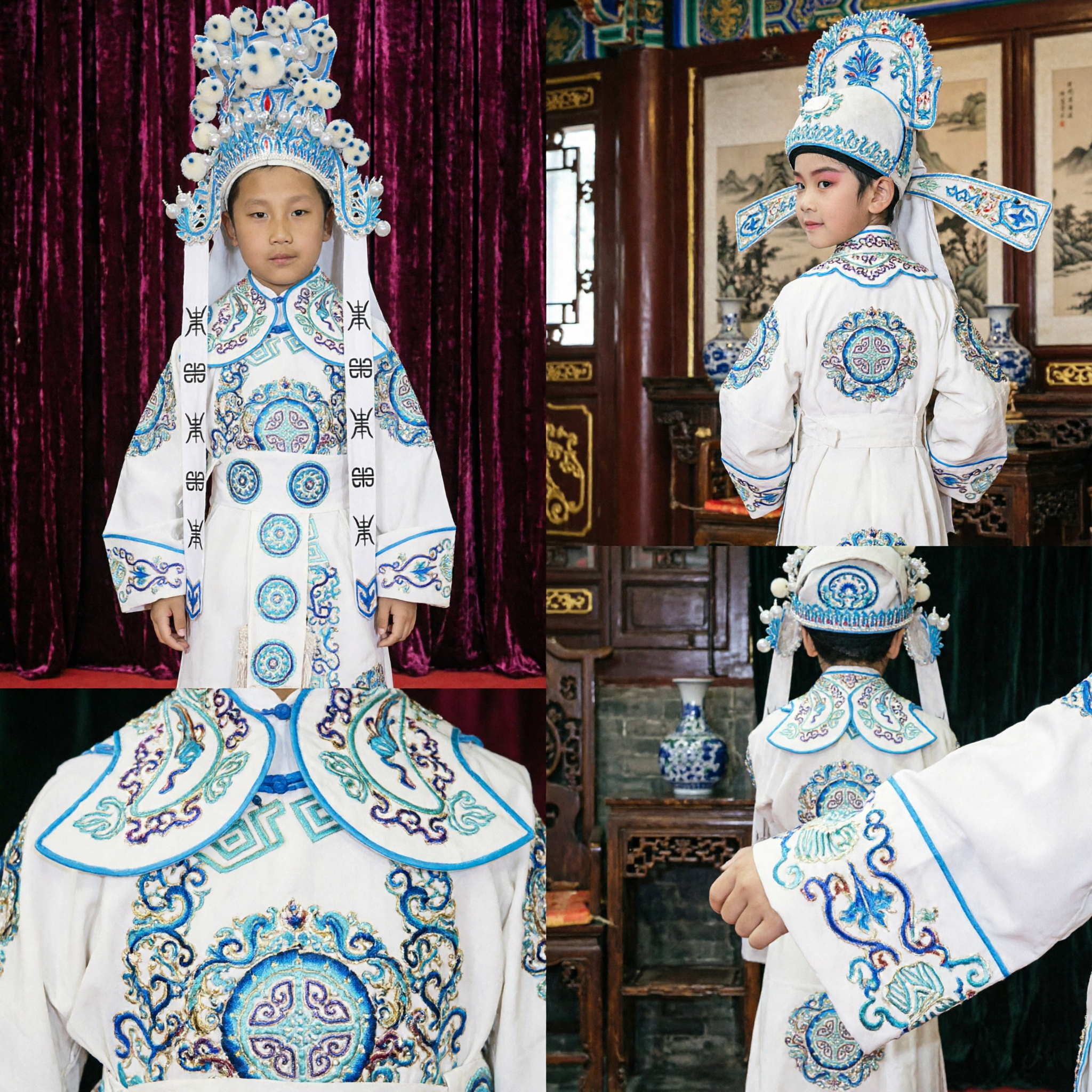Traje Tradicional de Ópera de Pekín para Niño Túnica Blanca de Guerrero General con Tocado para Actuación Escénica - Asian Costume