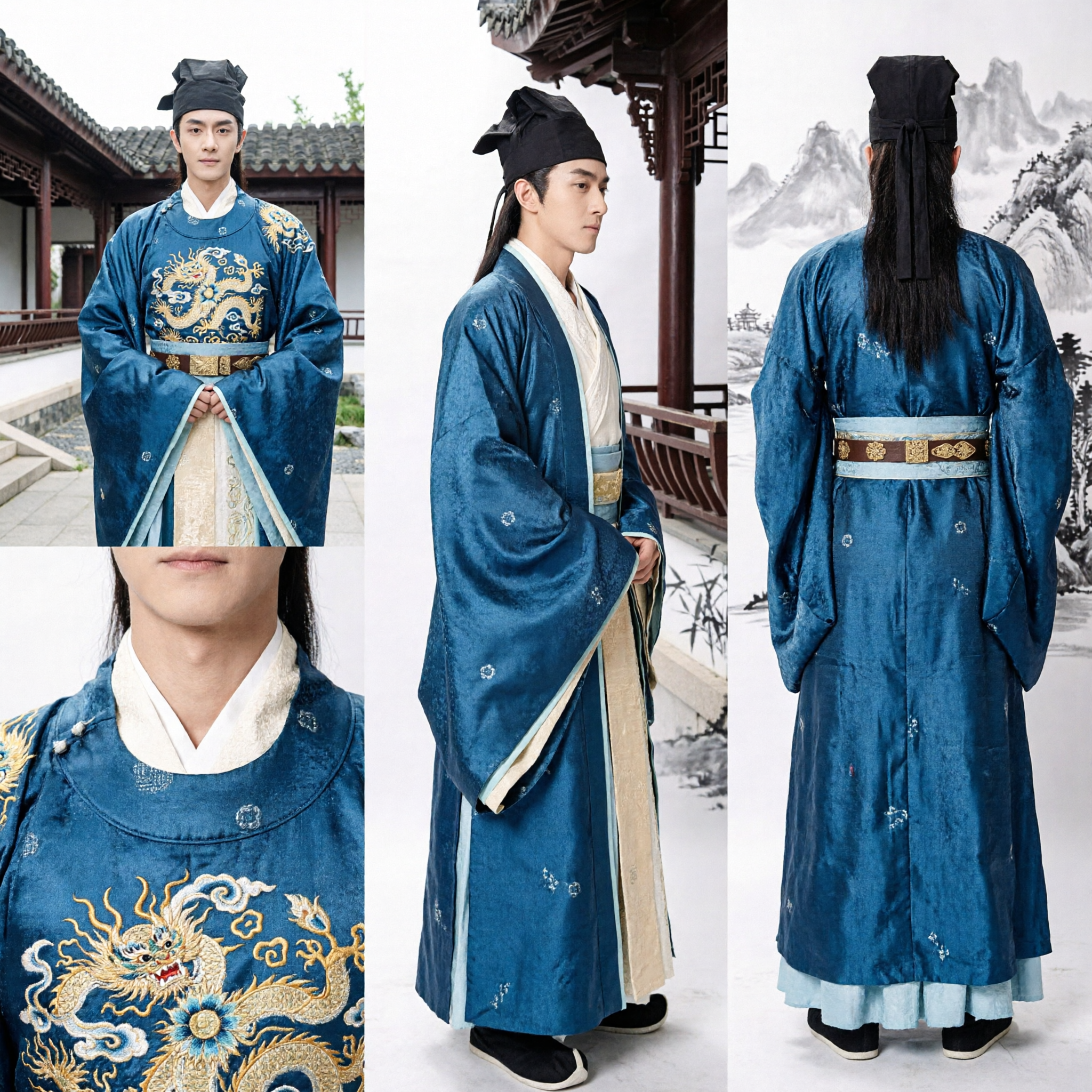 Männer-Antikes chinesisches Gelehrten-Hanfu-Kostüm, blauer Robe, traditionelle historische Cosplay-Kleidung für Auftritte - Asian Costume