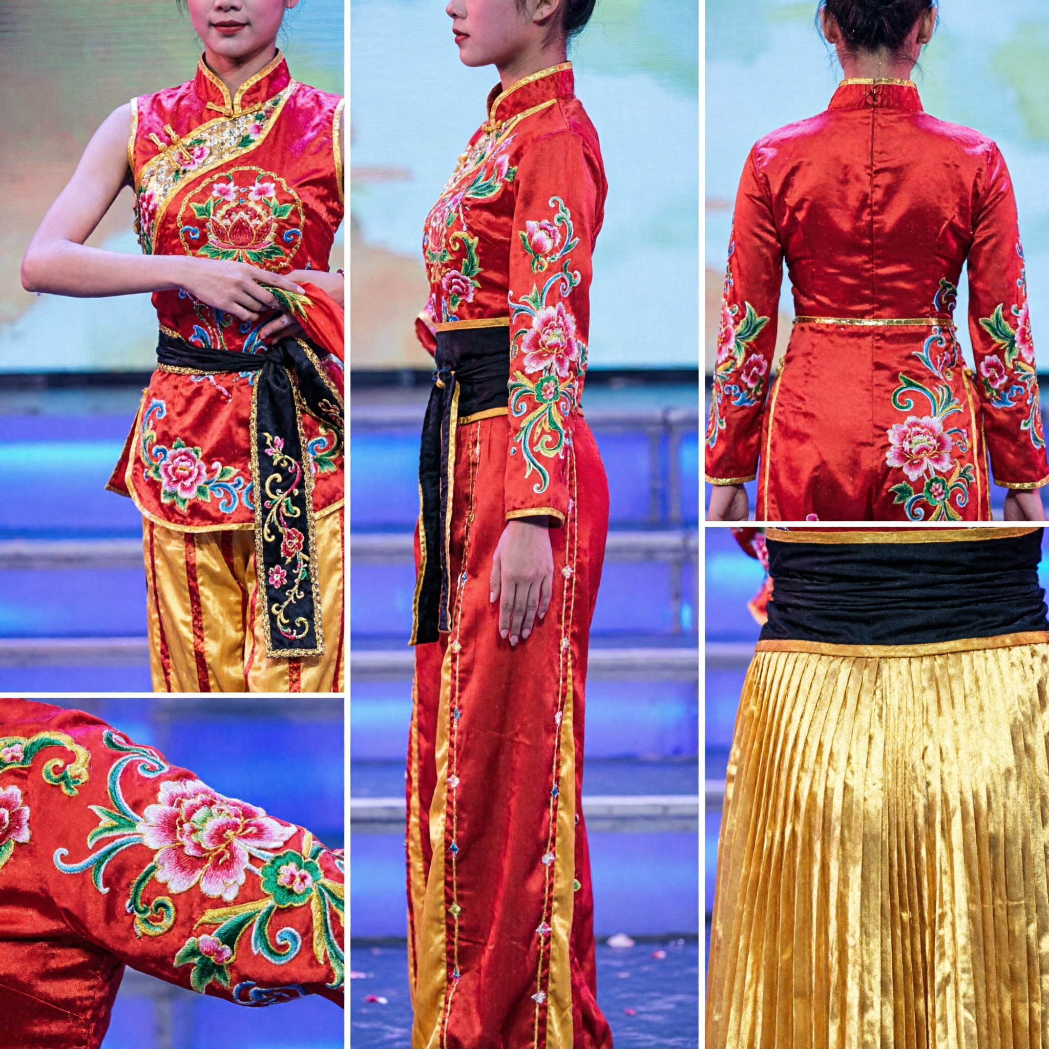 Costume da Danza del Tamburo a Vita Cinese Tradizionale per Bambine, Set Tuta per Spettacoli Folkloristici Rosso e Giallo - Asian Costume