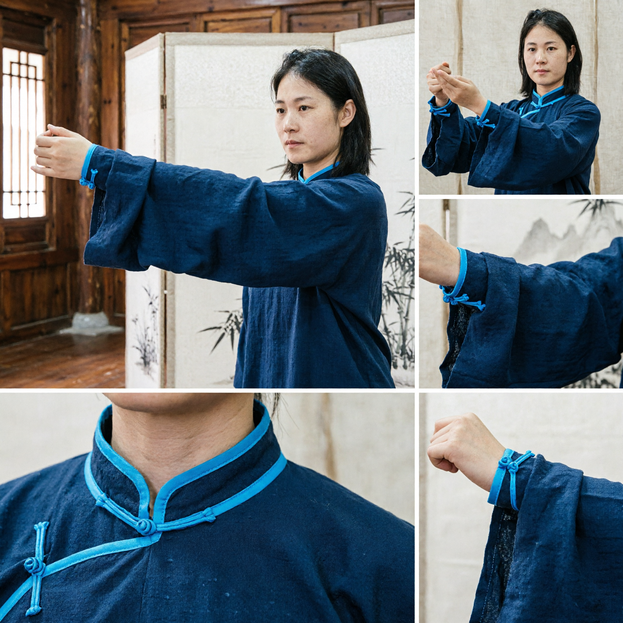 Женская традиционная китайская форма для Тайцзицюань и Кунг-фу: тёмно-синий костюм для боевых искусств Ушу, комплект - Asian Costume