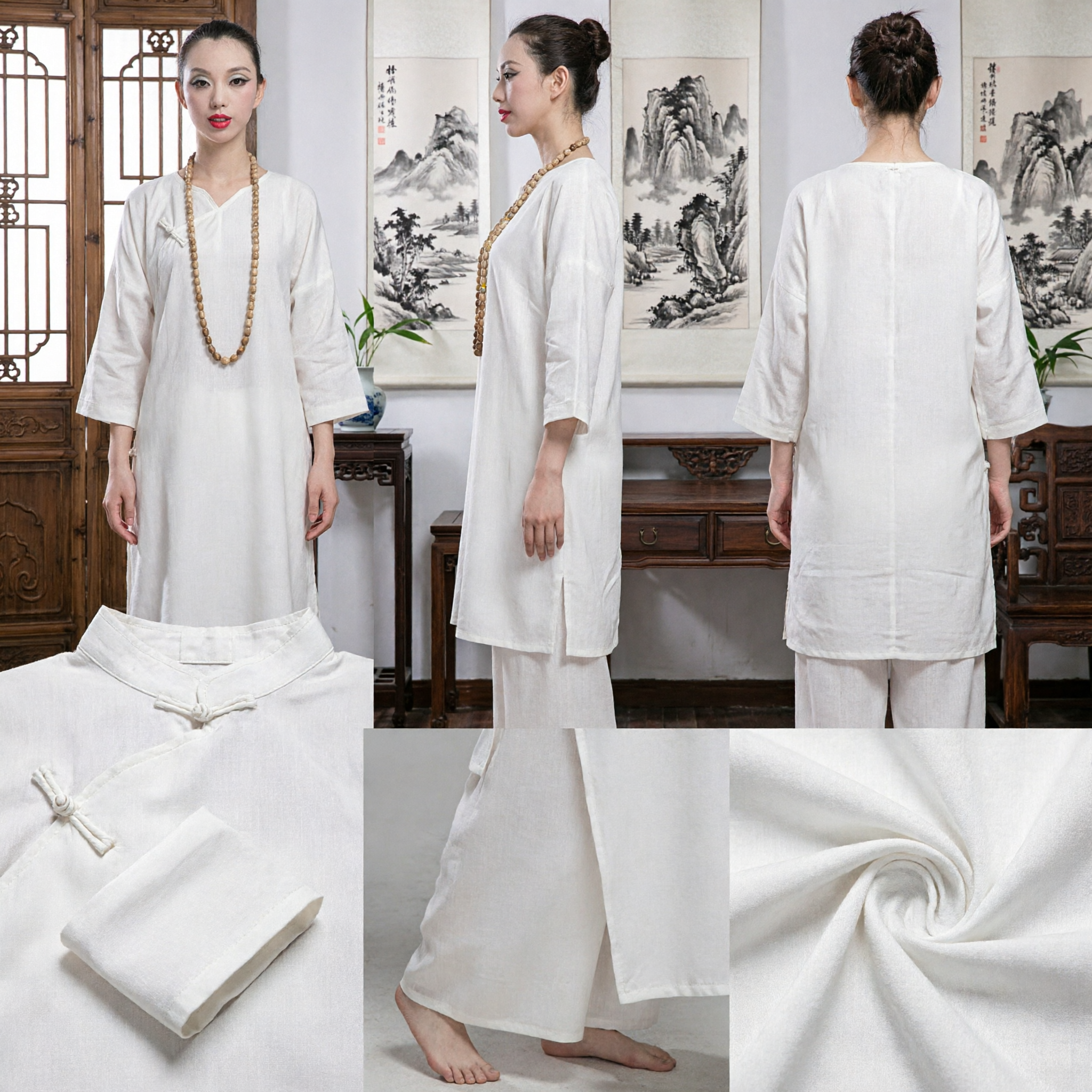 Traje de Meditación Zen de Lino Blanco para Mujeres Conjunto de Ropa Tradicional China Tang Suit para Yoga y Tai Chi - Asian Costume