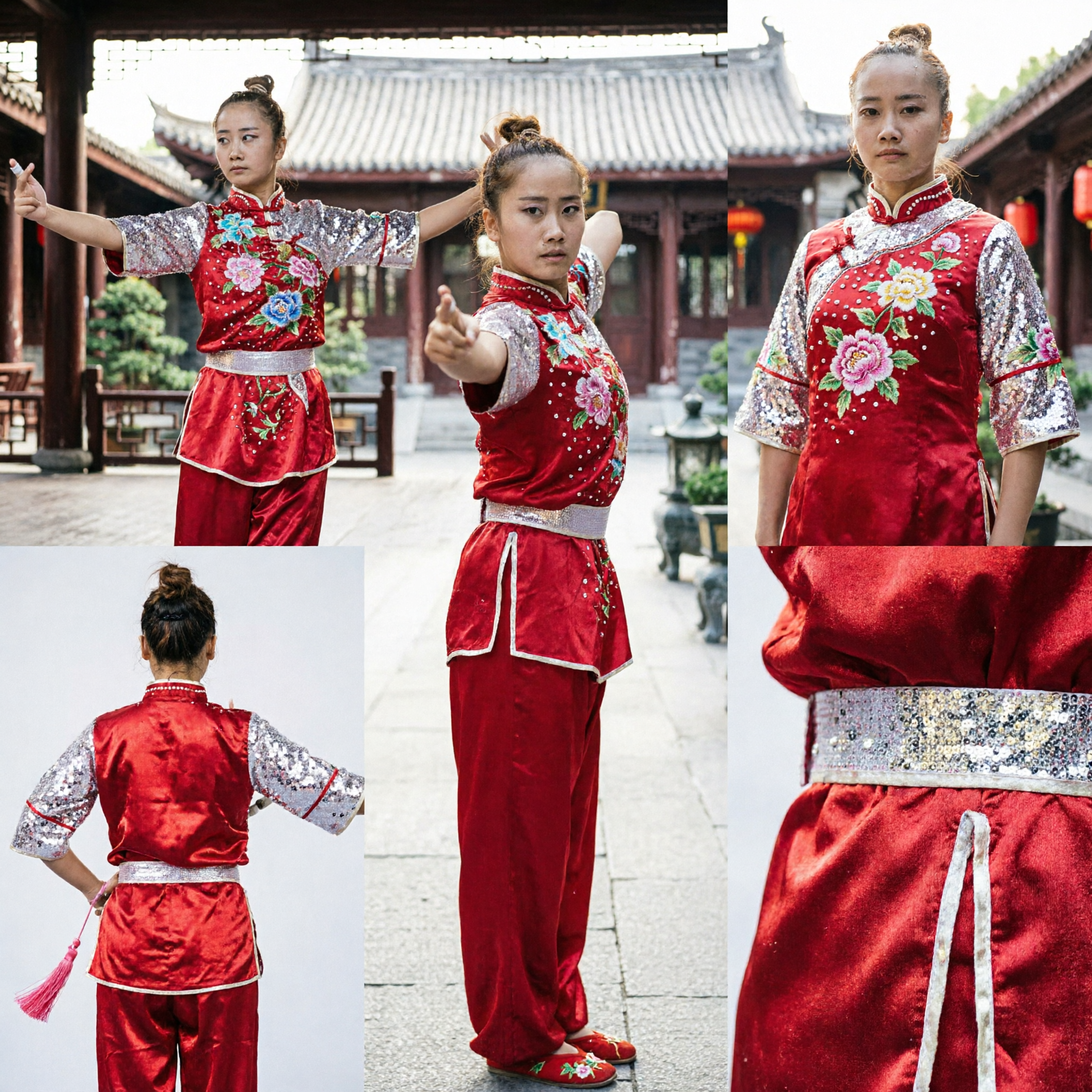 Divisa Wushu Cinese Floreale Rossa per Donne, Costume da Competizione Kung Fu Changquan, Abito Tradizionale per Arti Marziali - Asian Costume