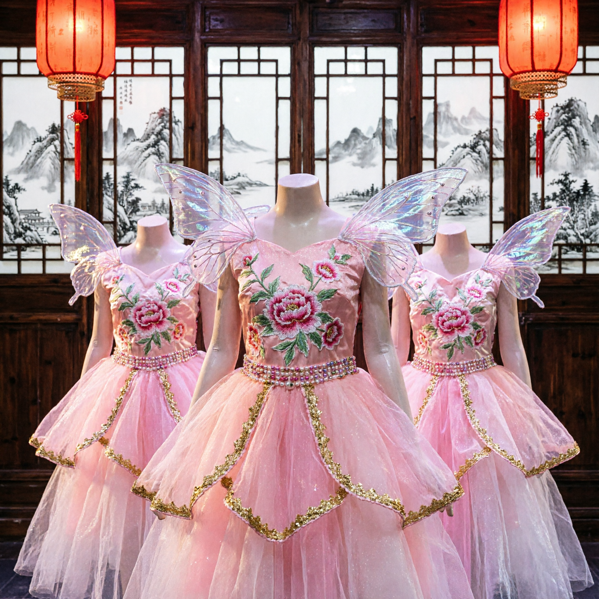 Pink Lotus Flower Dance Costume Chinese Traditional Stage Performance Group Dance Outfit with Headpiece and Props - Asian Costume