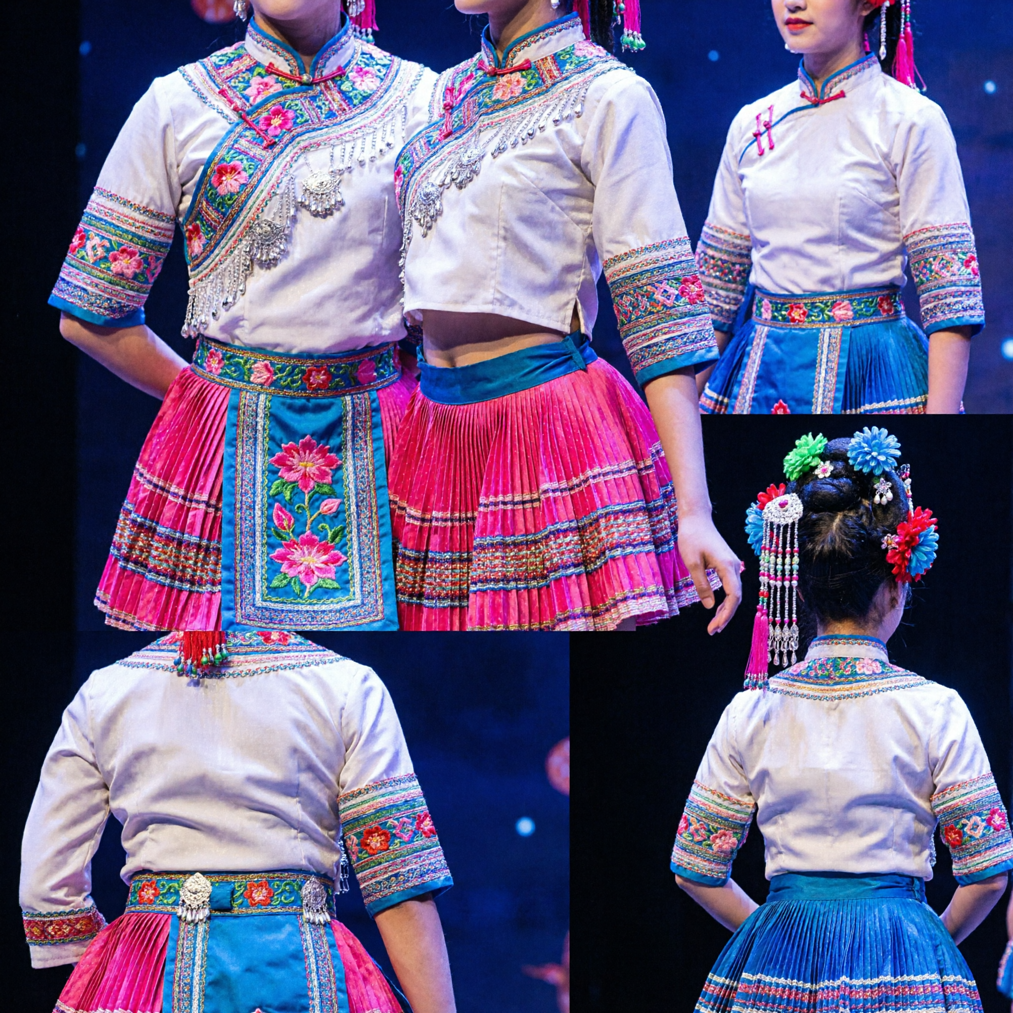Vrouwen Chinees Folkloristische Danskostuum Roze Tutu Rok met Blauwe Veren Waaier voor Podiumoptreden Groep - Asian Costume