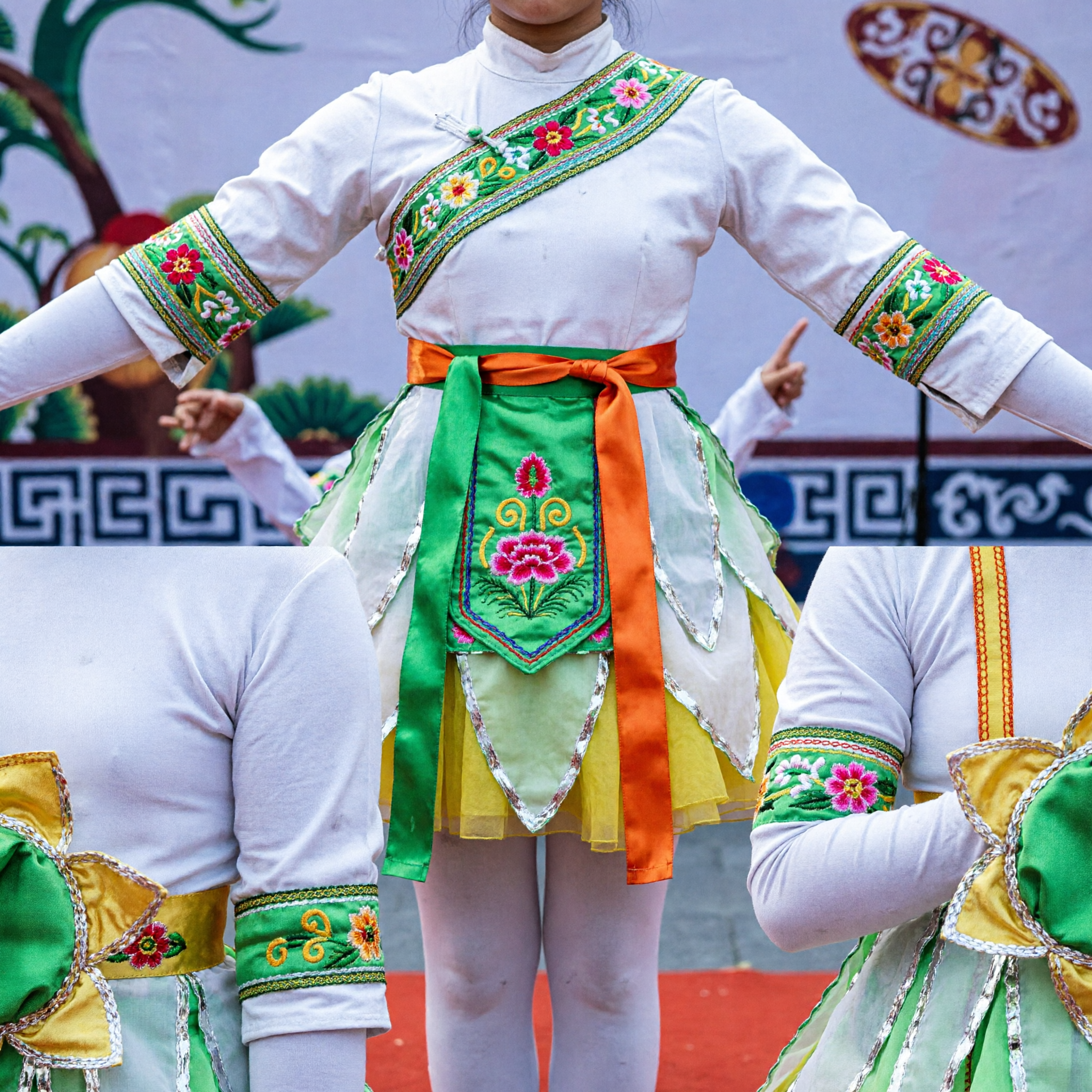 어린이 녹색 잎 꽃 무용 의상 중국 민속 무대 공연 드레스 (여아용) - Asian Costume