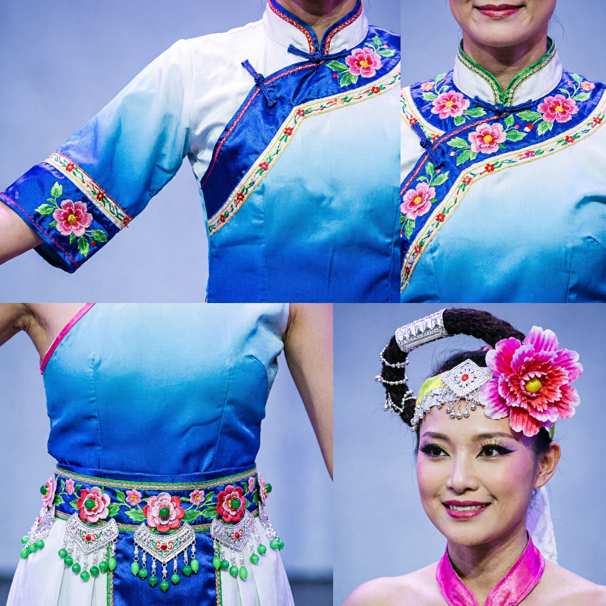 Costume da Danza Tradizionale Cinese per Donne Floreale Rosa e Blu Outfit da Palcoscenico con Copricapo - Asian Costume