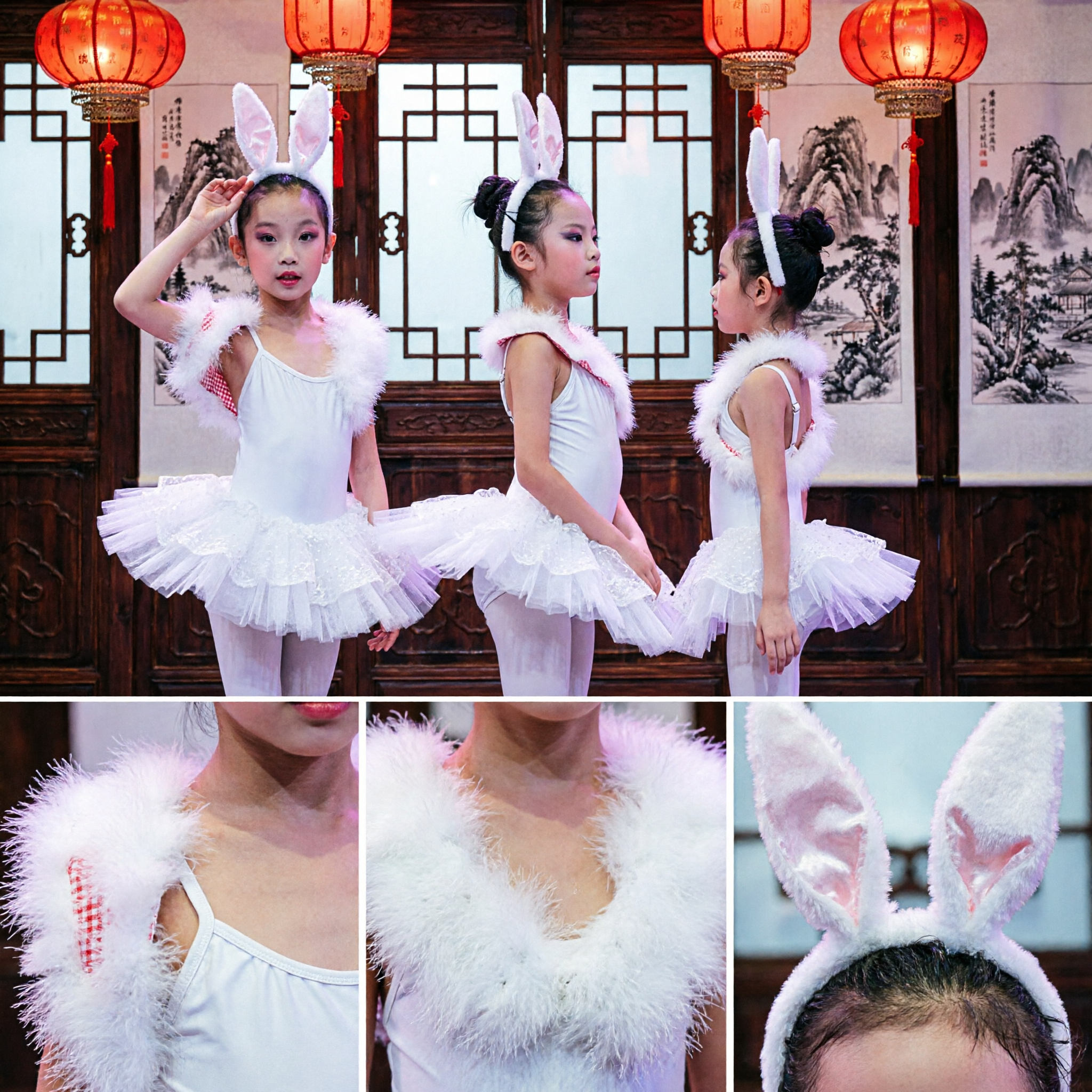 어린이 여아용 흰 토끼 무용 의상 (귀와 튜튜 스커트 포함, 무대 공연용) - Asian Costume