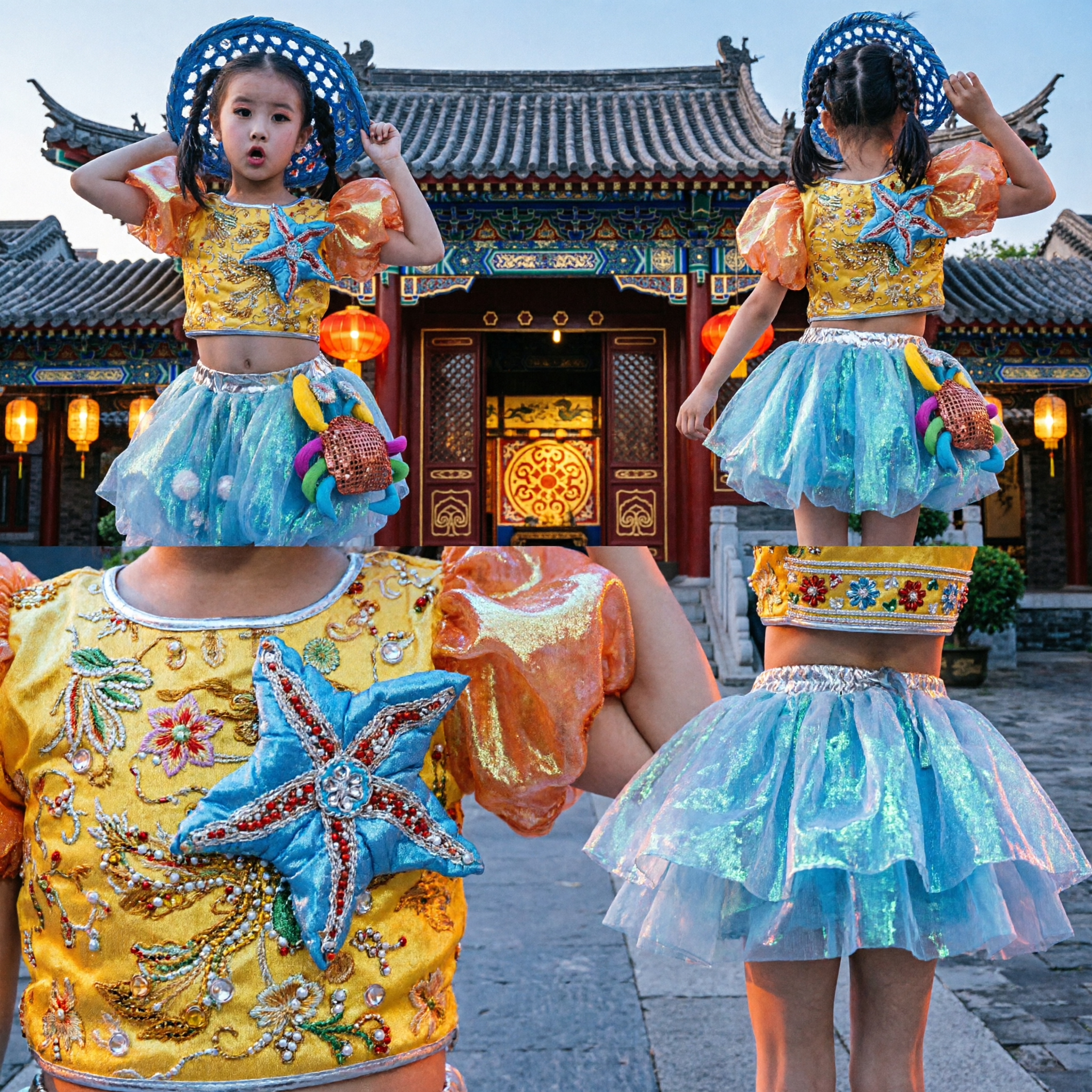 Girls Ocean Theme Mermaid Dance Costume Yellow Sequin Top Blue Tutu Skirt and Hat Set - Asian Costume