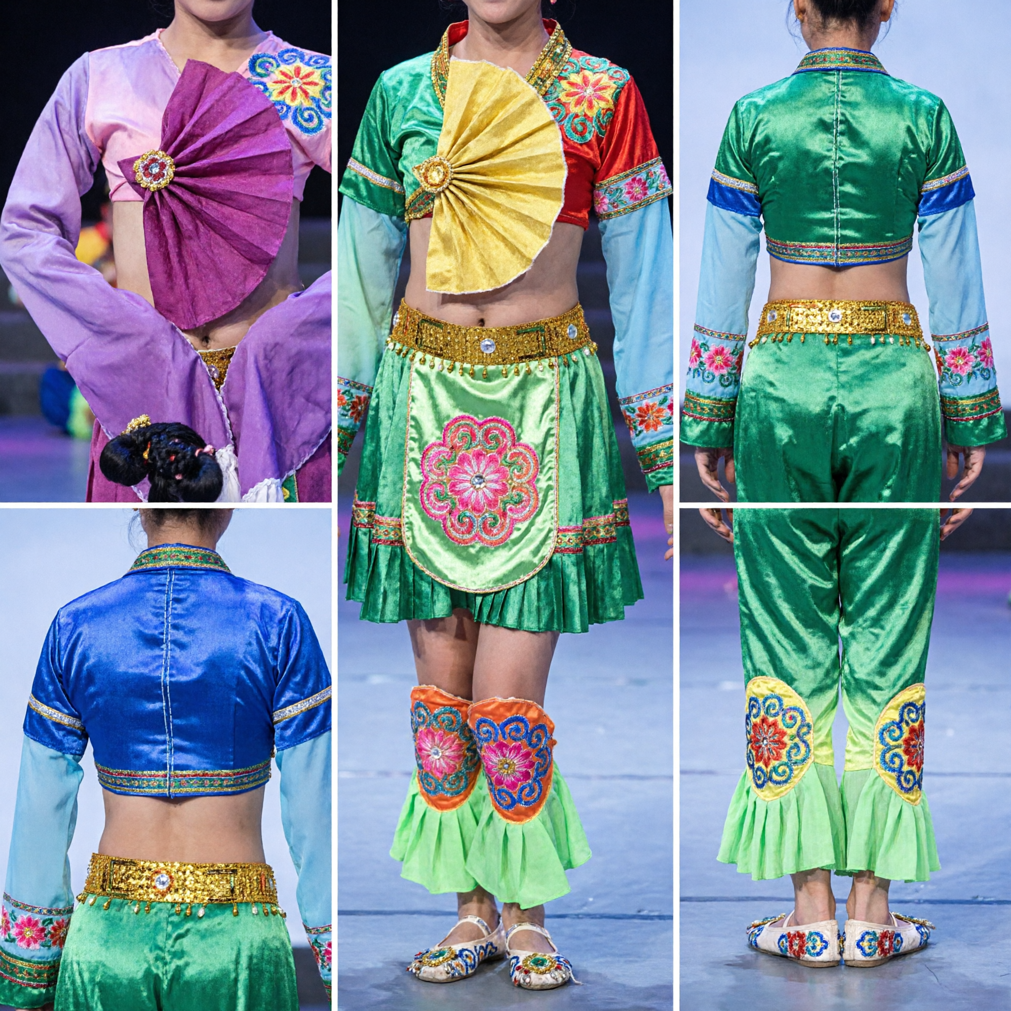 Kolorowy tradycyjny chiński ludowy kostium taneczny dla dziewczynek, dziecięcy strój do tańca Yangge z wachlarzami i nakryciem głowy - Asian Costume