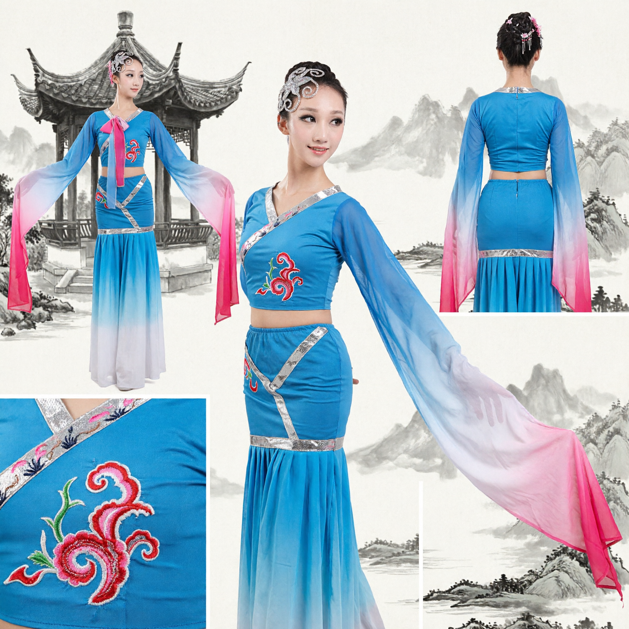 Vrouwen Traditioneel Chinees Klassiek Danskostuum Blauw Roze Gradiënt Lintjurk Podiumoptreden Outfit - Asian Costume