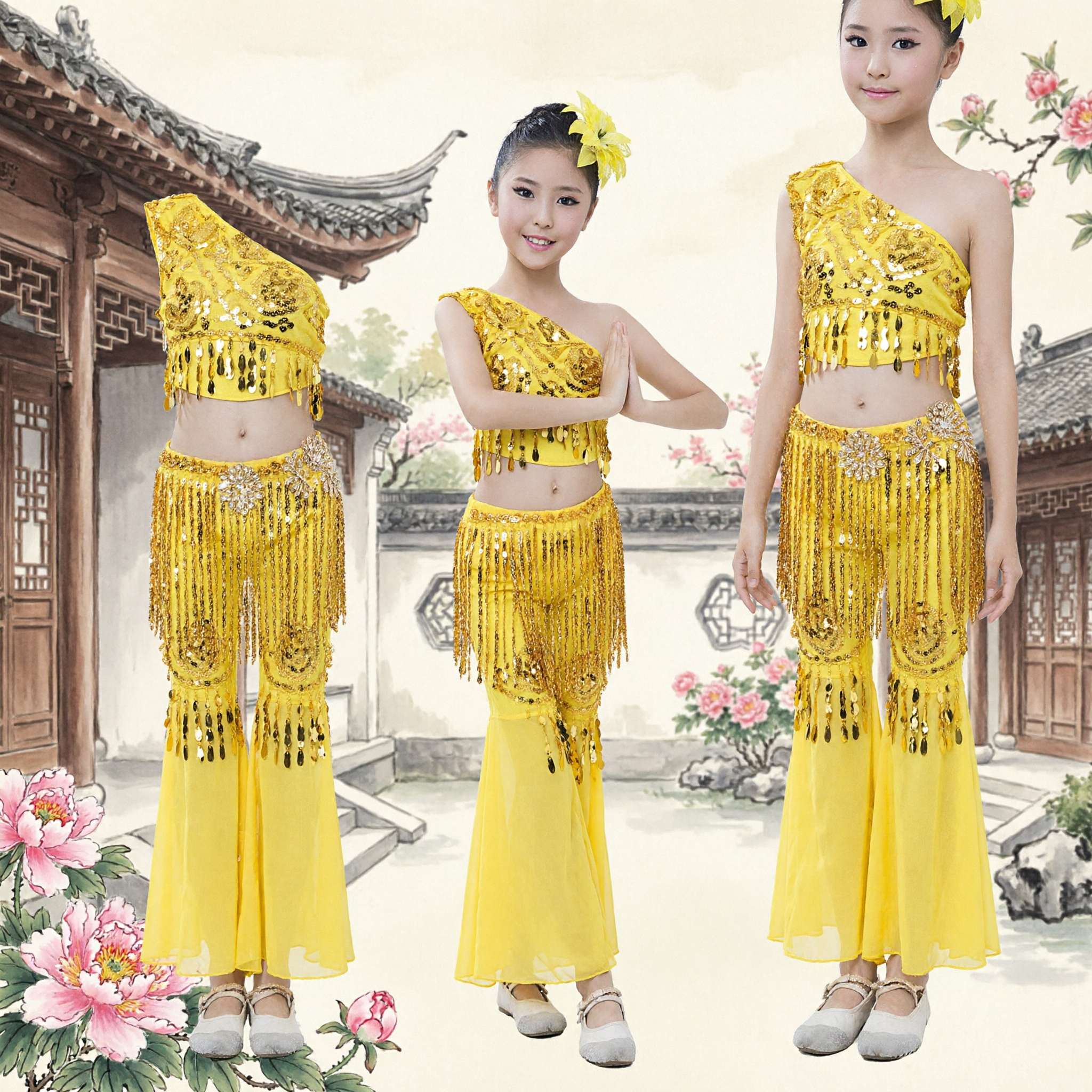 Costume de danse ethnique Dai à paillettes jaunes pour filles - Tenue de performance folklorique scénique avec franges - Asian Costume