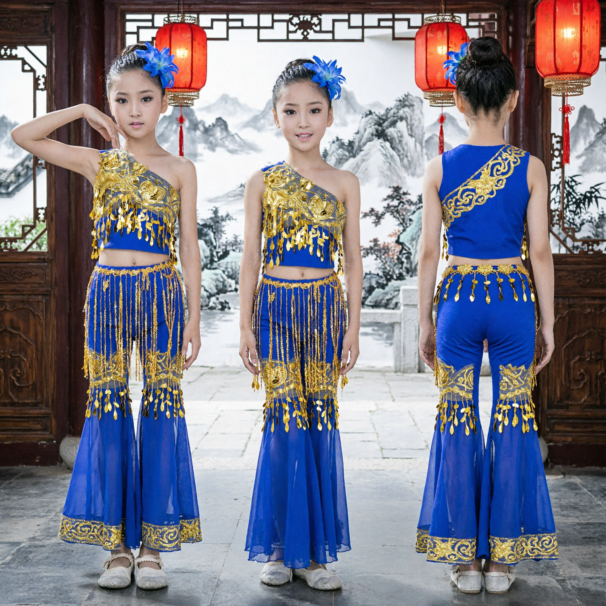 Damen-Königsblaues-Chinesisches-Volkstanzkostüm mit Gold-Pailletten-Fransen-Oberteil und Hose-Set - Asian Costume