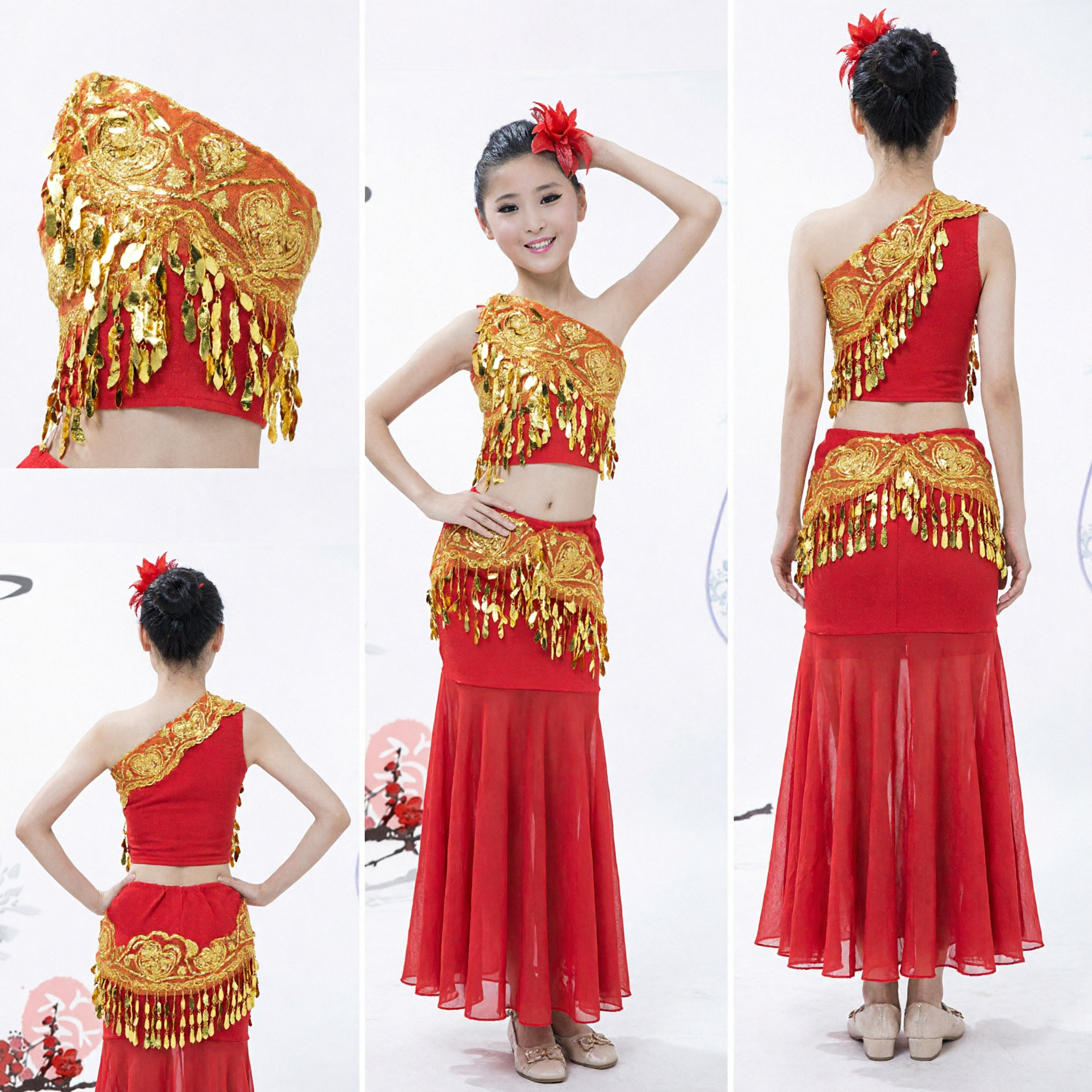 Traje Tradicional de Dança do Pavão da Minoria Dai Chinesa Vestido de Performance com Lantejoulas Vermelho e Dourado para Mulheres e Meninas - Asian Costume