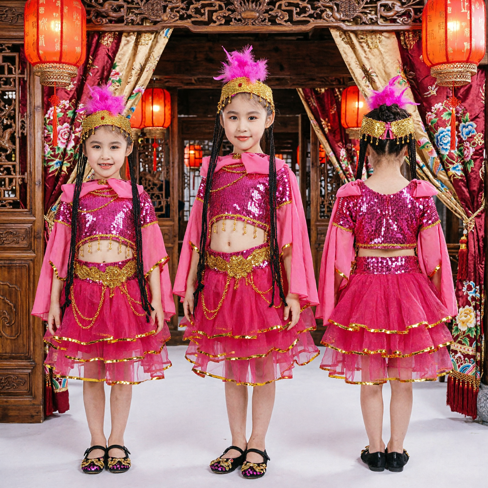 Traje de Danza Folklórica Uigur de Xinjiang China para Niñas Vestido de Presentación Rosa con Lentejuelas y Tocado - Asian Costume