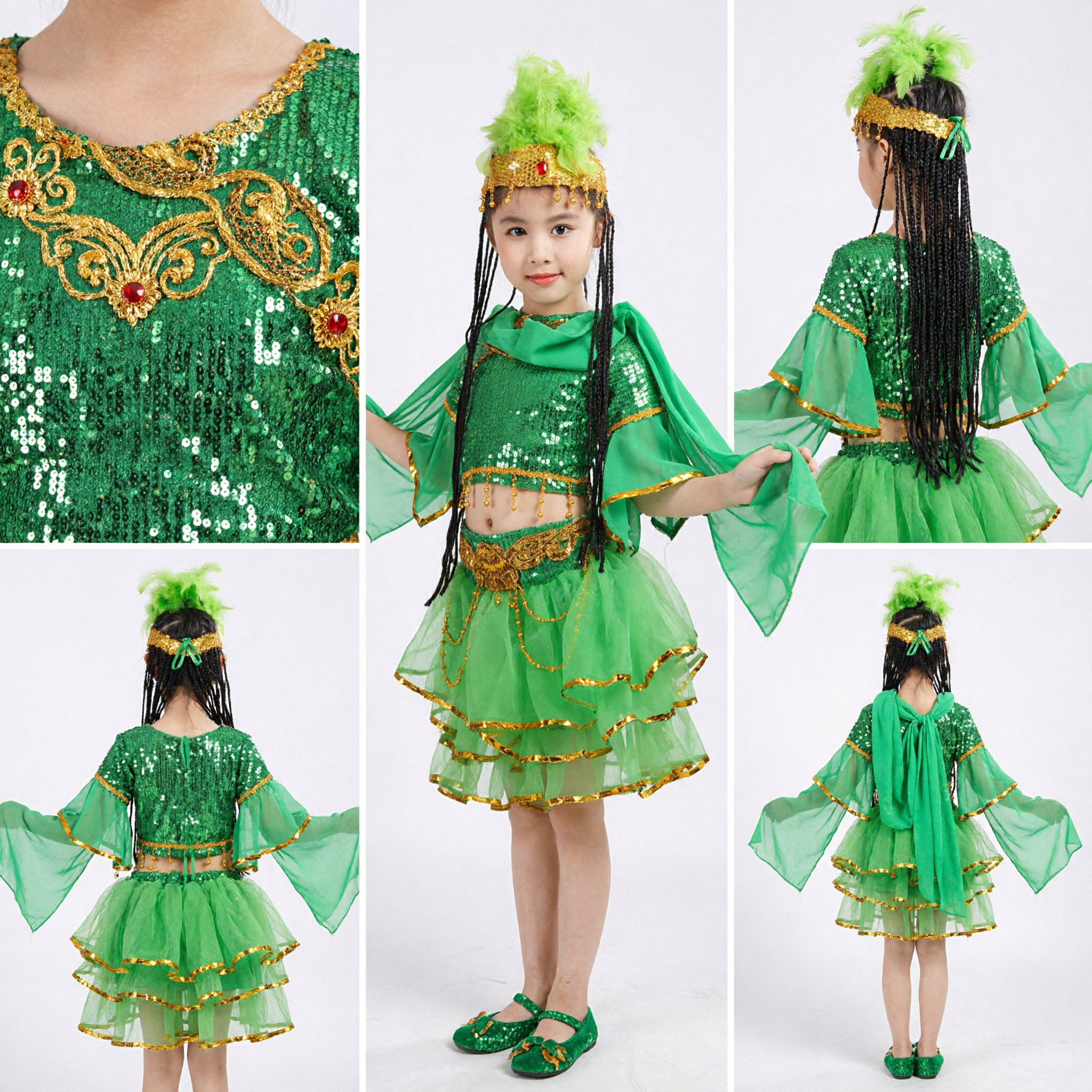 Costume de danse ethnique traditionnel chinois à paillettes vertes pour enfants avec coiffe à plumes pour performance scénique des filles - Asian Costume
