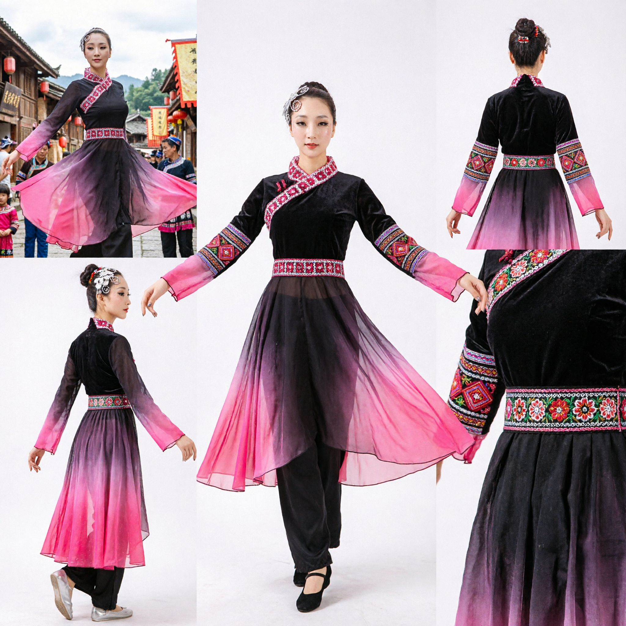 Costume de danse ethnique chinoise traditionnel pour femmes, dégradé noir et rose, manches pour spectacle sur scène de danse folklorique - Asian Costume