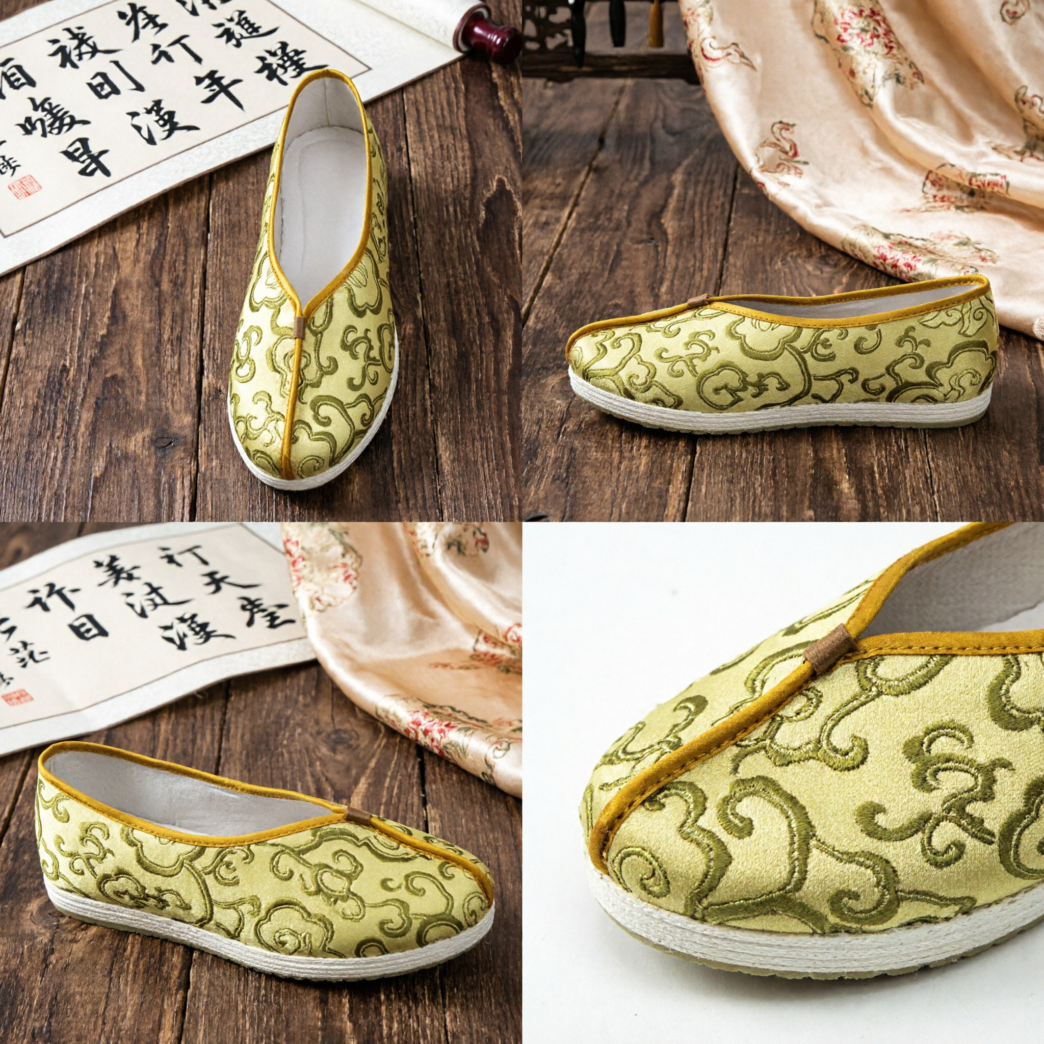 Tradycyjne chińskie buty Hanfu z jedwabnego brokatu, złoty wzór chmur, slip-on mokasyny na śluby, ceremonię herbaty i Kung Fu - Asian Costume