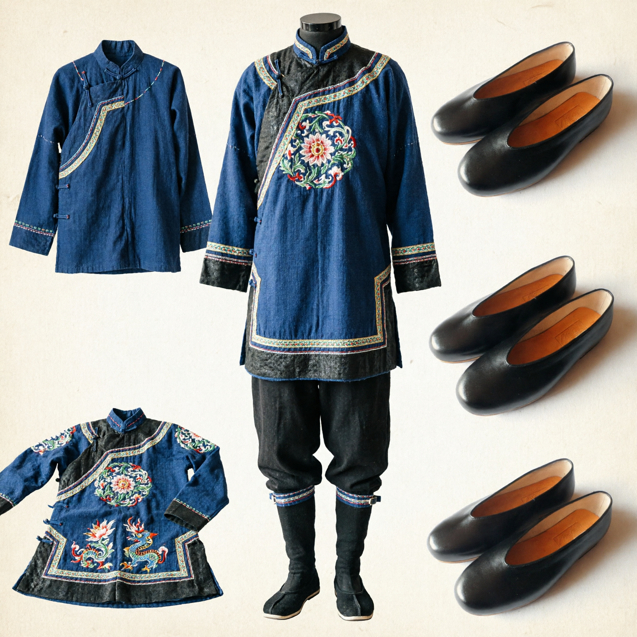 전통 중국 검정 가죽 신발 구 베이징 스타일 플랫 슬립온 쿵푸 태극 및 한푸 착용용 - Asian Costume