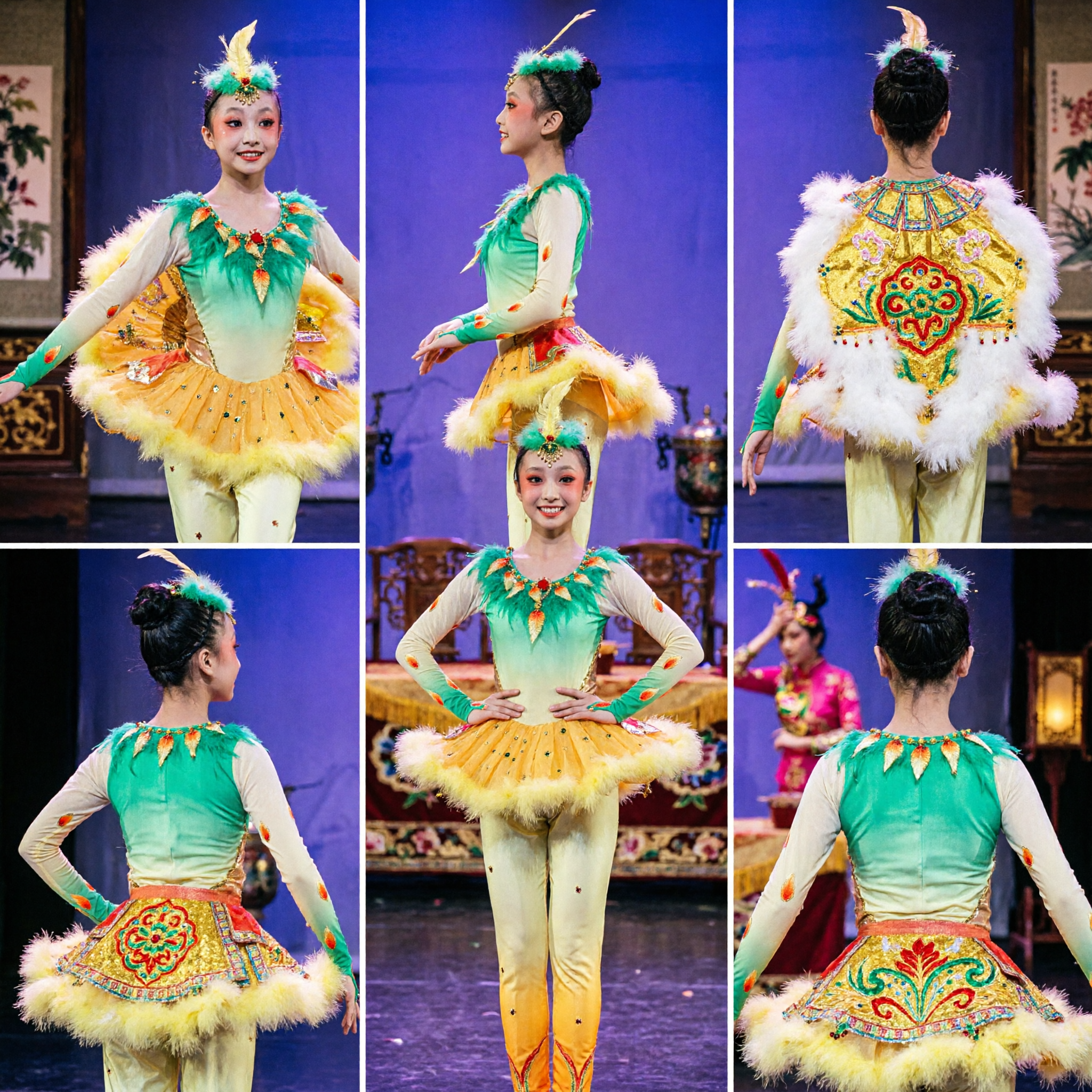 Traje Profissional Tradicional Chinês para Dança do Pavão, Vestido com Penas Amarelo e Verde para Mulheres, Performance no Palco - Asian Costume