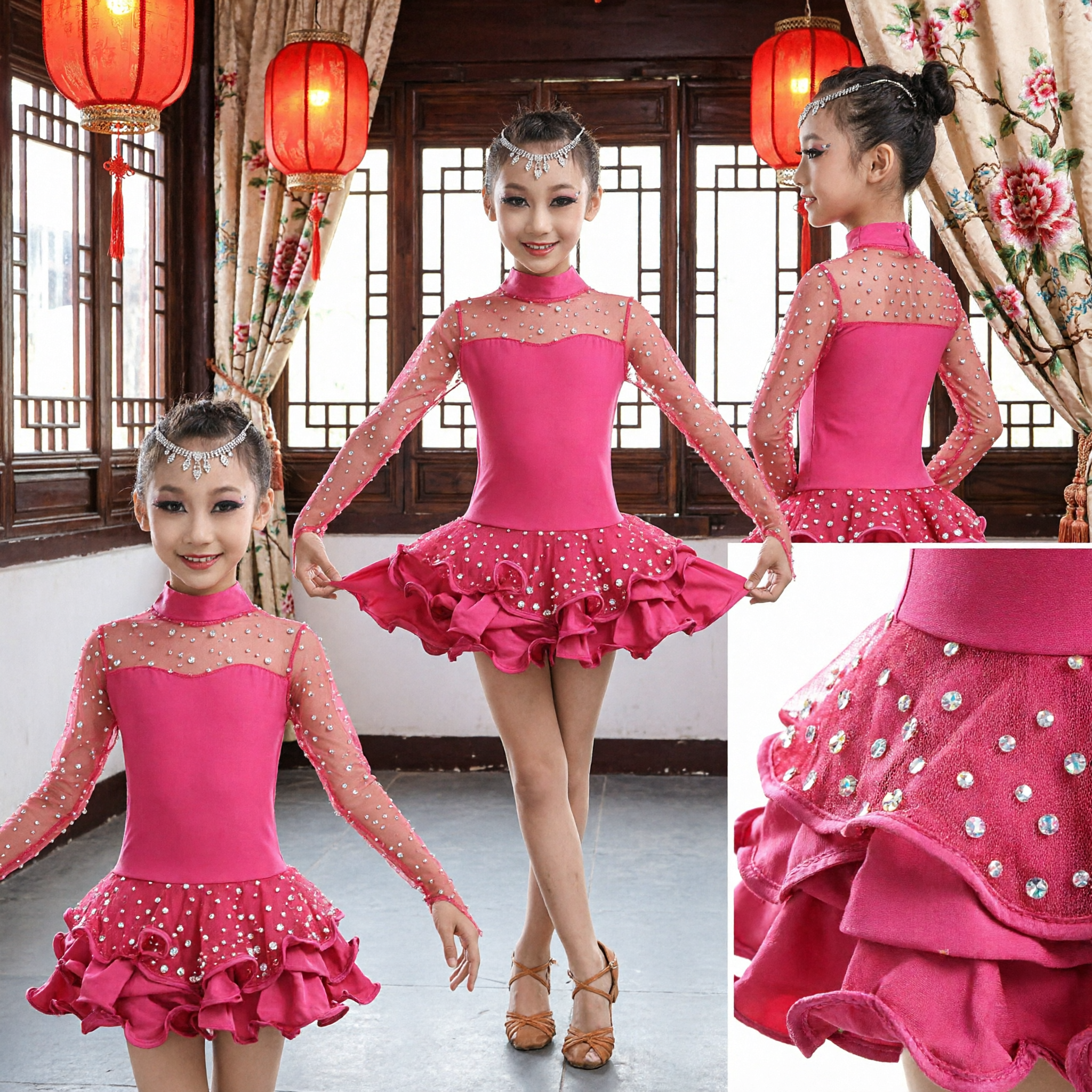 Mädchen-Rosa Latein-Tanzkleid, Strass-Langarm-Ballroom-Wettbewerbsaufführungskostüm für Kinder-Bühnenauftritt - Asian Costume