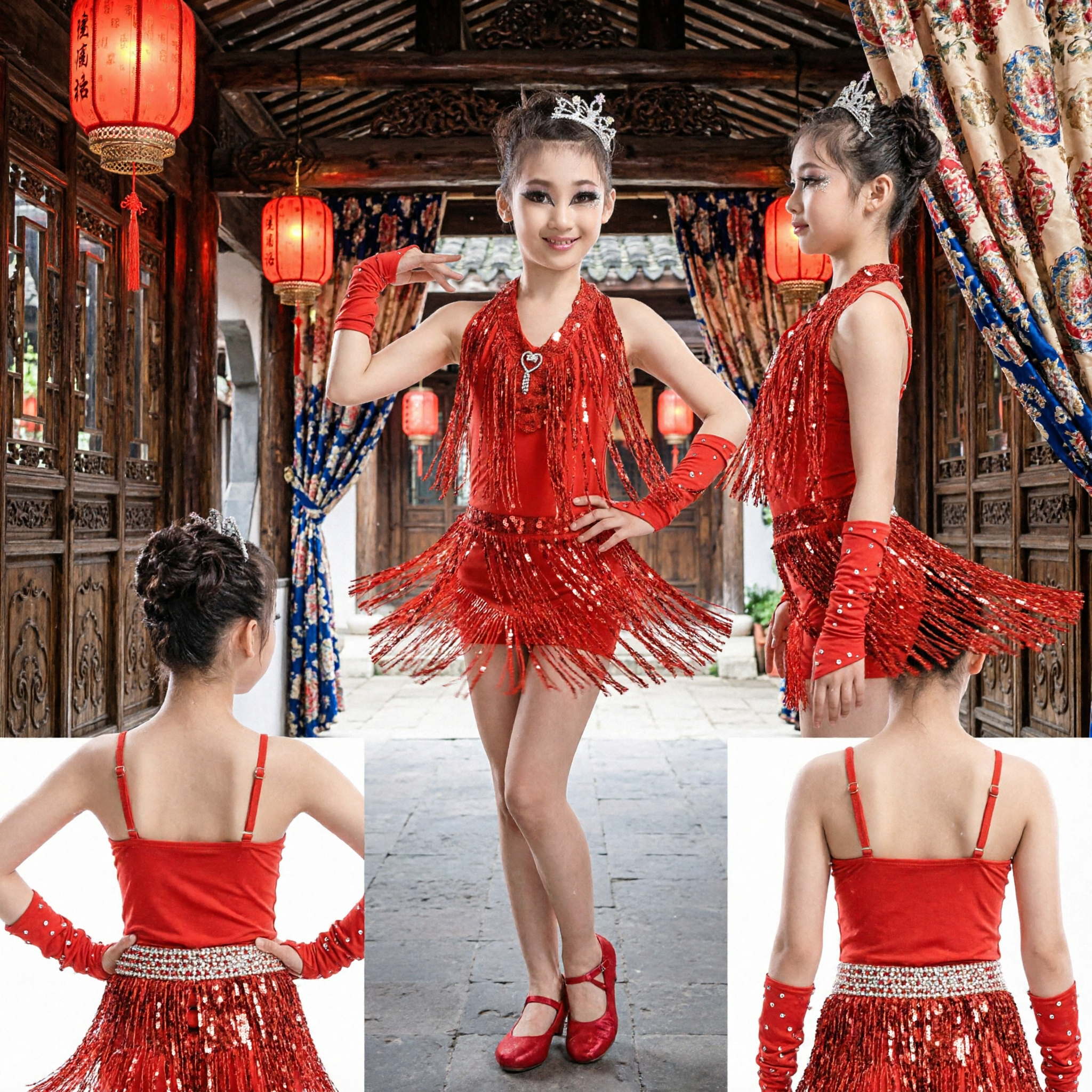 Abito da Danza Latina Rosso per Bambine con Frange e Paillettes, Costume da Competizione per Salsa, Cha Cha e Spettacoli - Asian Costume