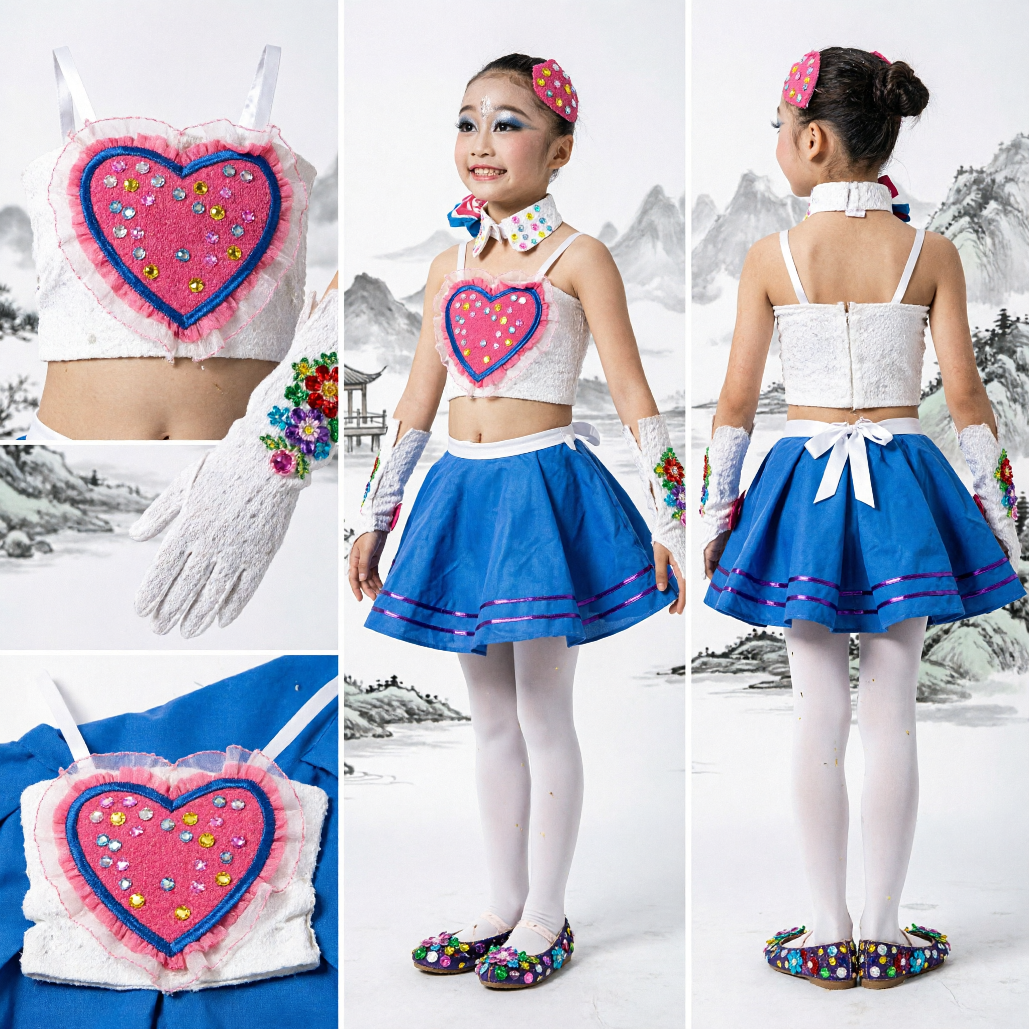 Meisjes Jazz Dans Kostuum Blauwe Tutu Rok Hart Top Modern Podiumoptreden Outfit voor Kinderen - Asian Costume