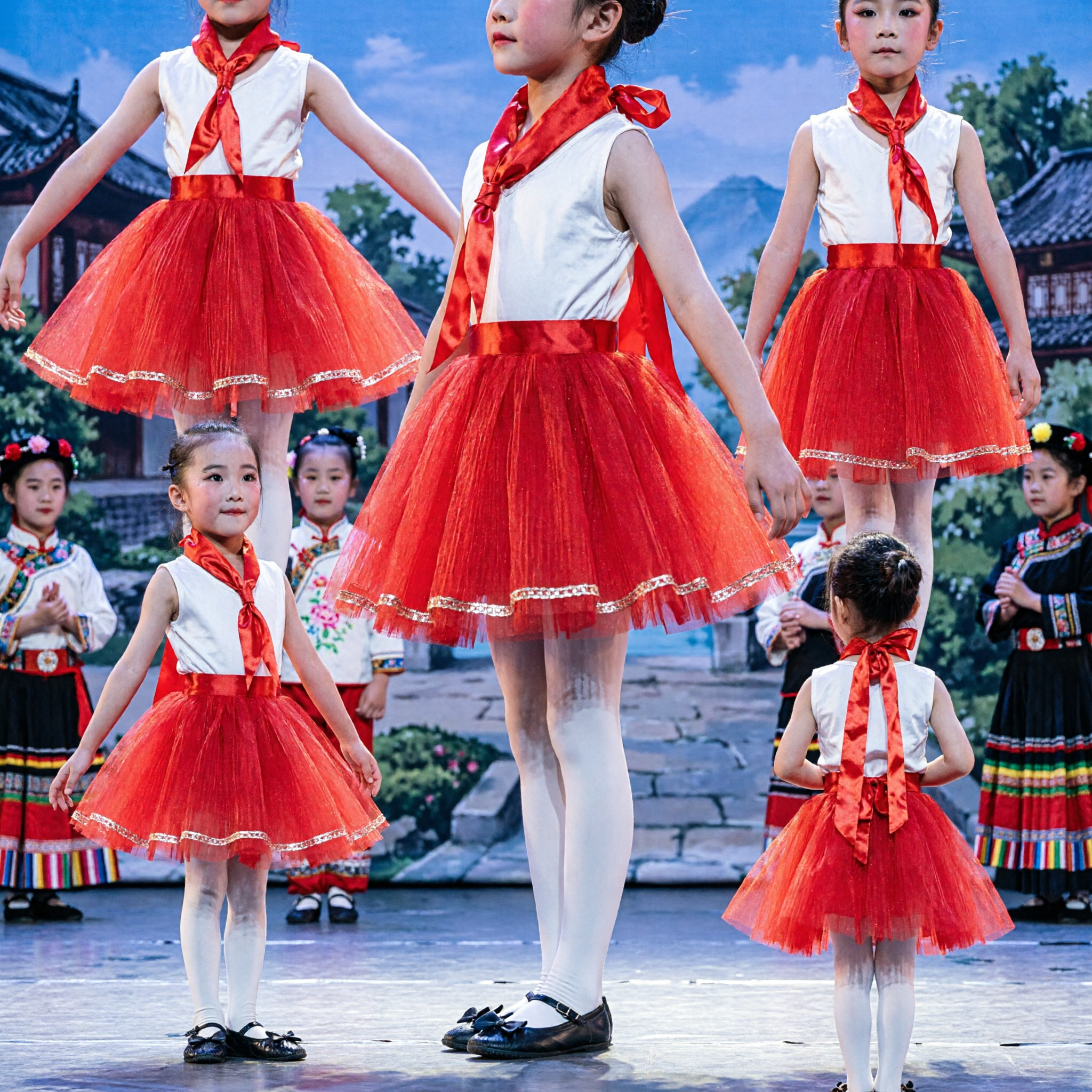 Costume Tradizionale Cinese per la Danza della Sciarpa Rossa per Bambine, Outfit per Spettacoli e Uniforme per Coro Scolastico - Asian Costume